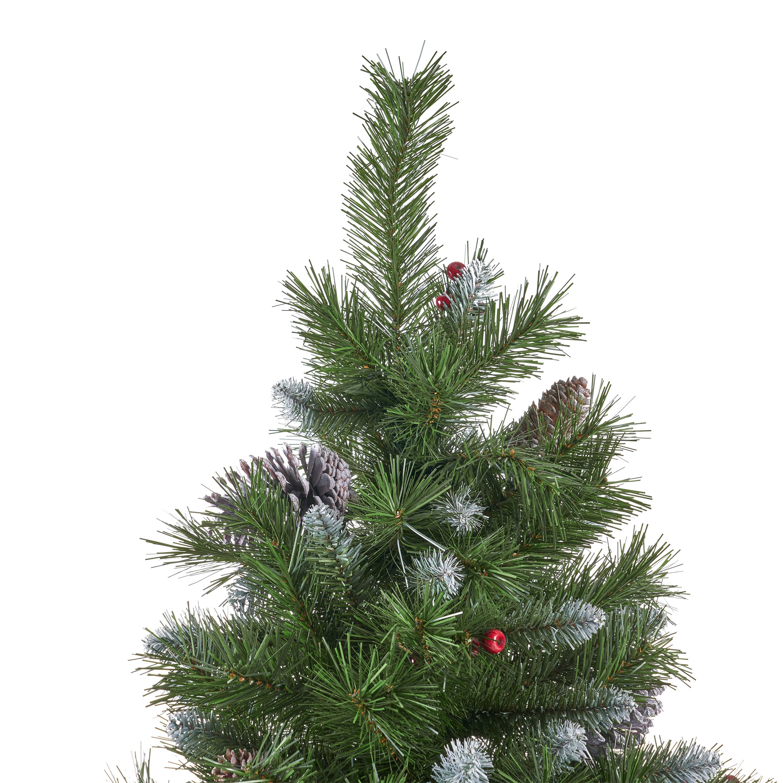 7-foot Mixed Spruce Hinged Artificial Christmas Tree with Frosted Branches, Red Berries, and Frosted Pinecones