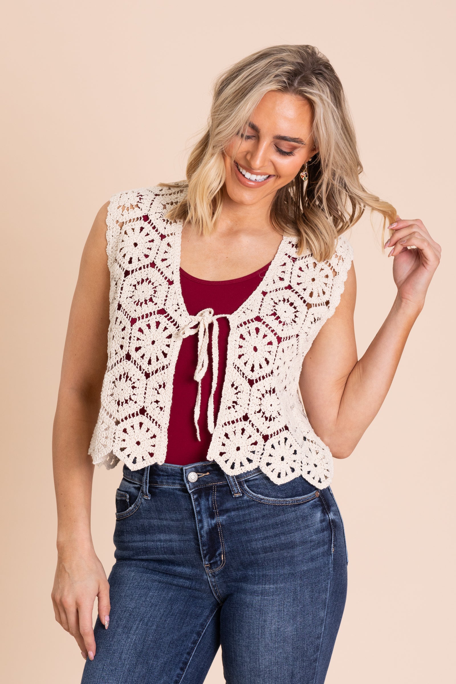 Light Beige Crochet Sleeveless Tie Vest