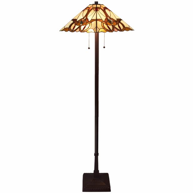 HomeRoots 478097 62 in. Two Lights Traditional Shaped Floor Lamp with Brown & White Stained Glass Cone Shade, Brown