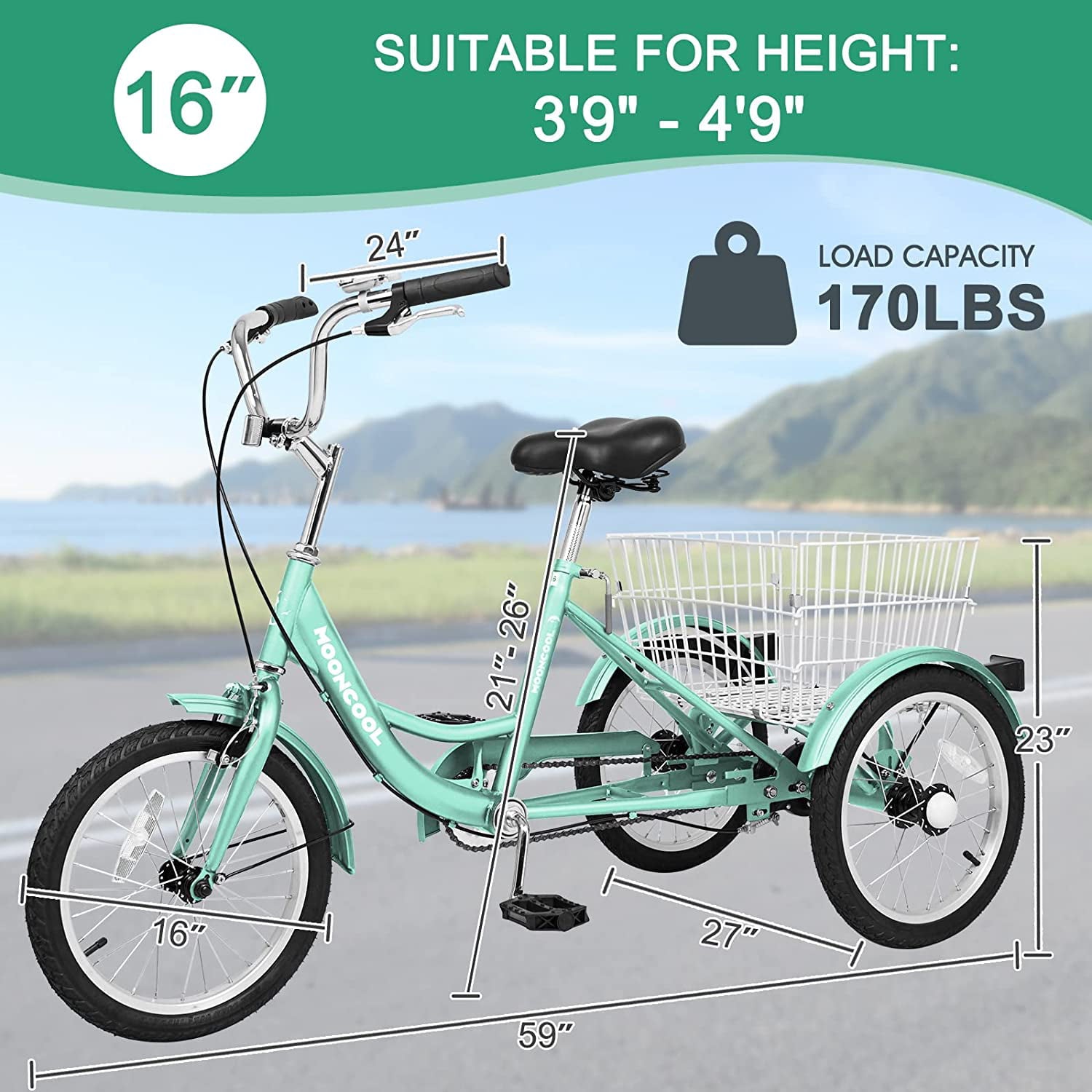 Slsy 16 inch Kids Tricycle， Single-Speed Three Wheeled Bike for 3'9