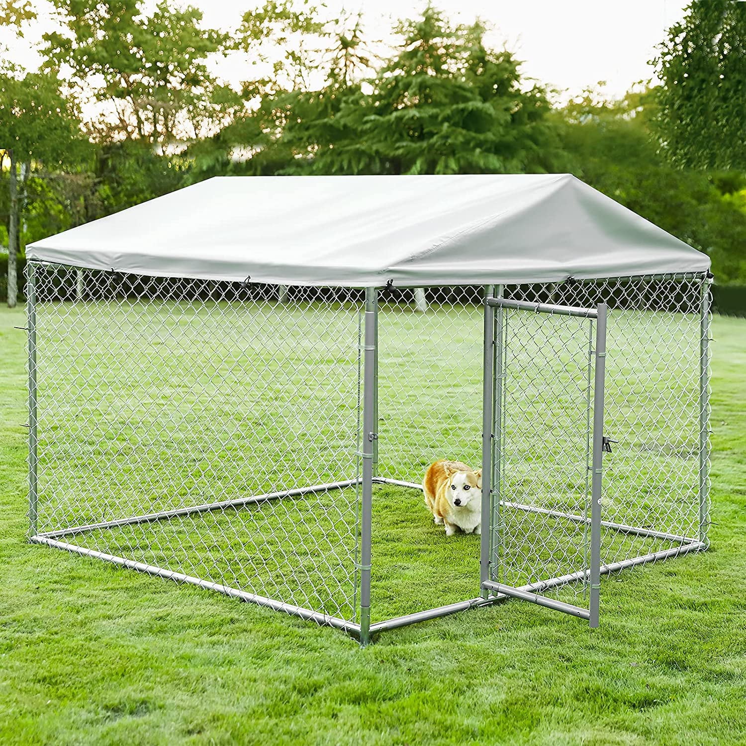 VIVIJASON Outdoor Large Dog Kennel Heavy Duty Fence Dog Cage with Galvanized Chain Link， Outside Pen Playpen Dog Run House with UV and Waterproof Cover and Secure Lock for Backyard