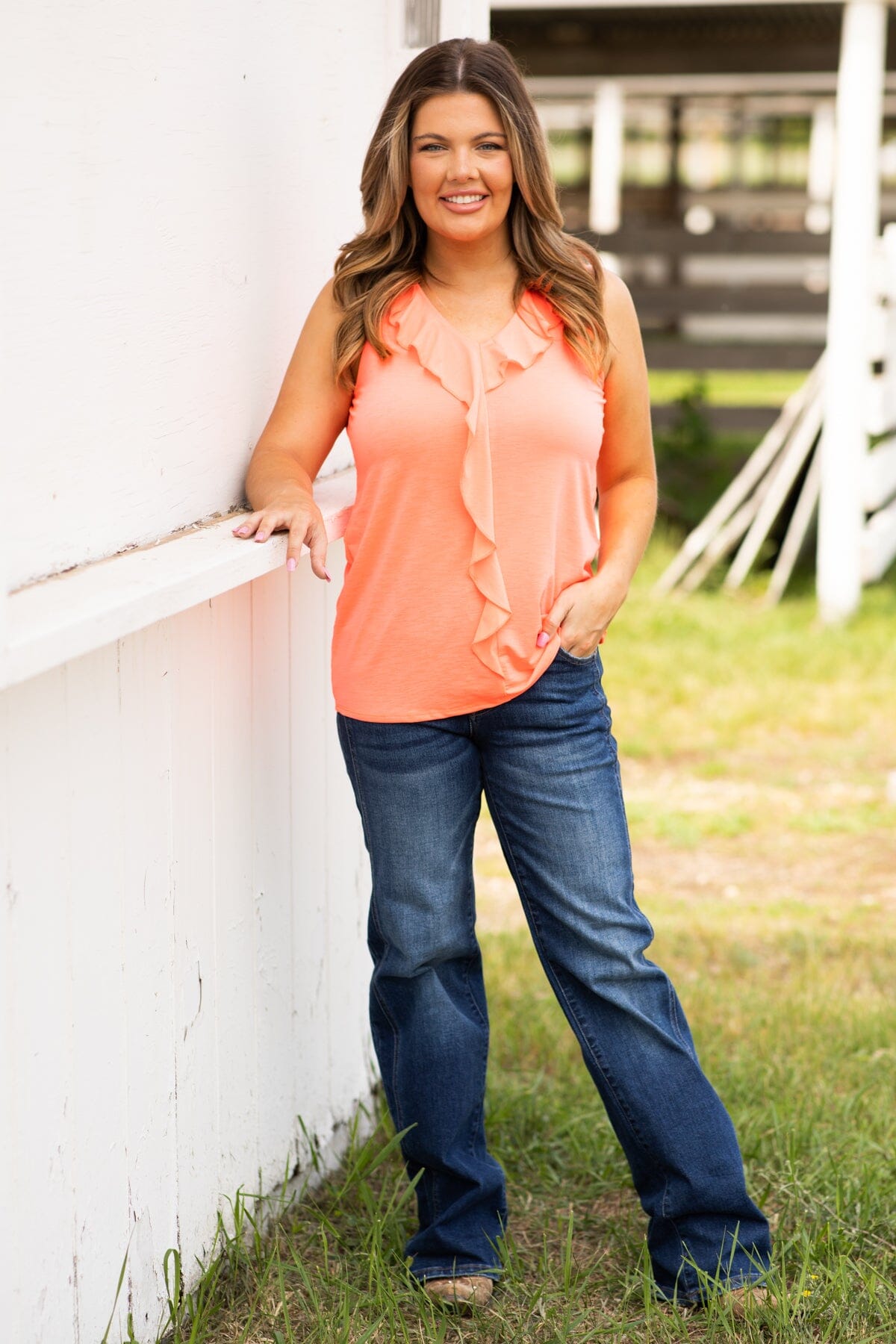 Neon Coral Tank With Front Ruffle Detail