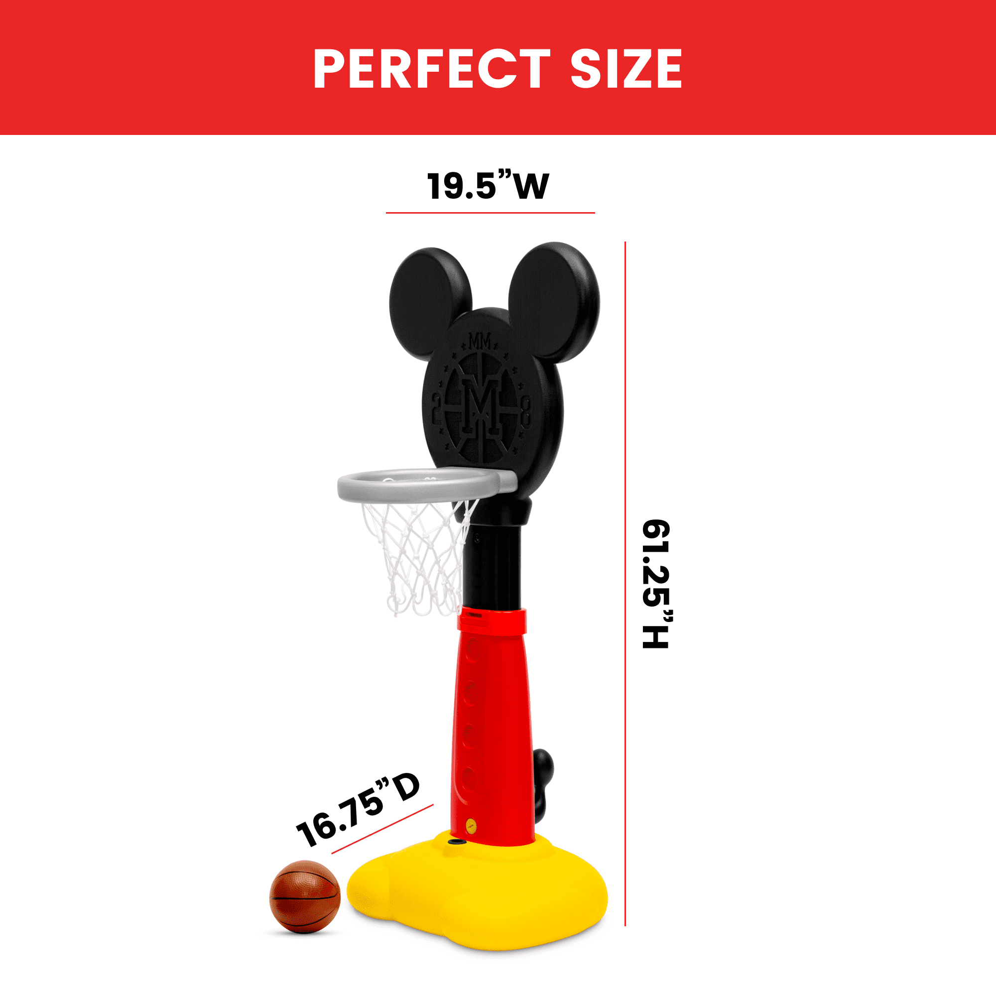 Disney Mickey Mouse Plastic Basketball Set by Delta Children – Includes Basketball Hoop， 1 Basketball， Ring Toss Game with 3 Rings， Growth Cart and Ball Pump