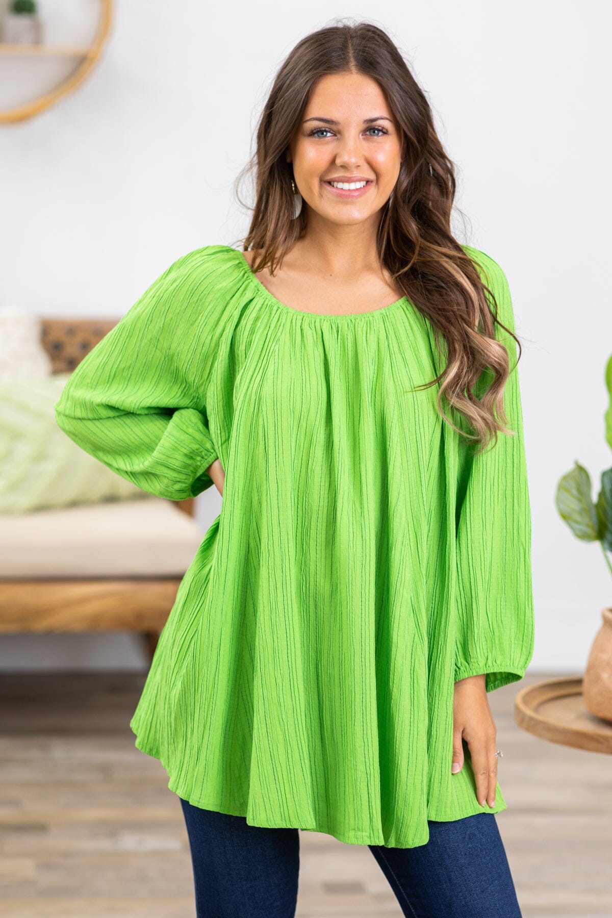 Lime Green Elastic Trim Textured Top