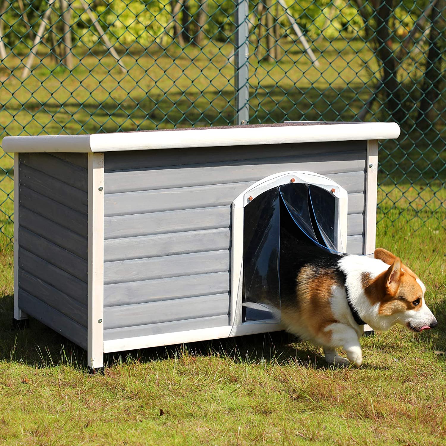 Wooden Dog House，Outdoor Pet Kennel， Solid Wood， Weather Proof， Light Grey， Medium/40.8 X 26 X 27.6 Inch
