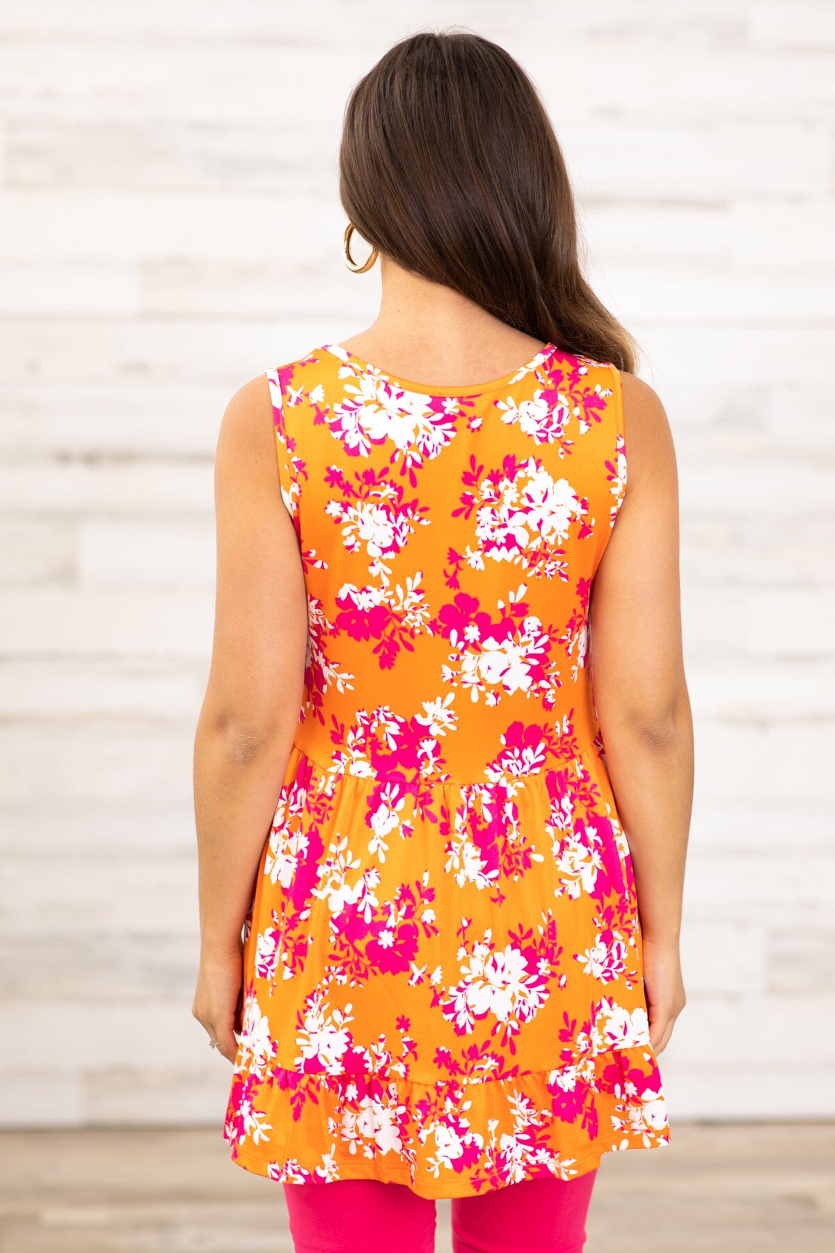 Orange and Hot Pink Floral Print Babydoll Tank