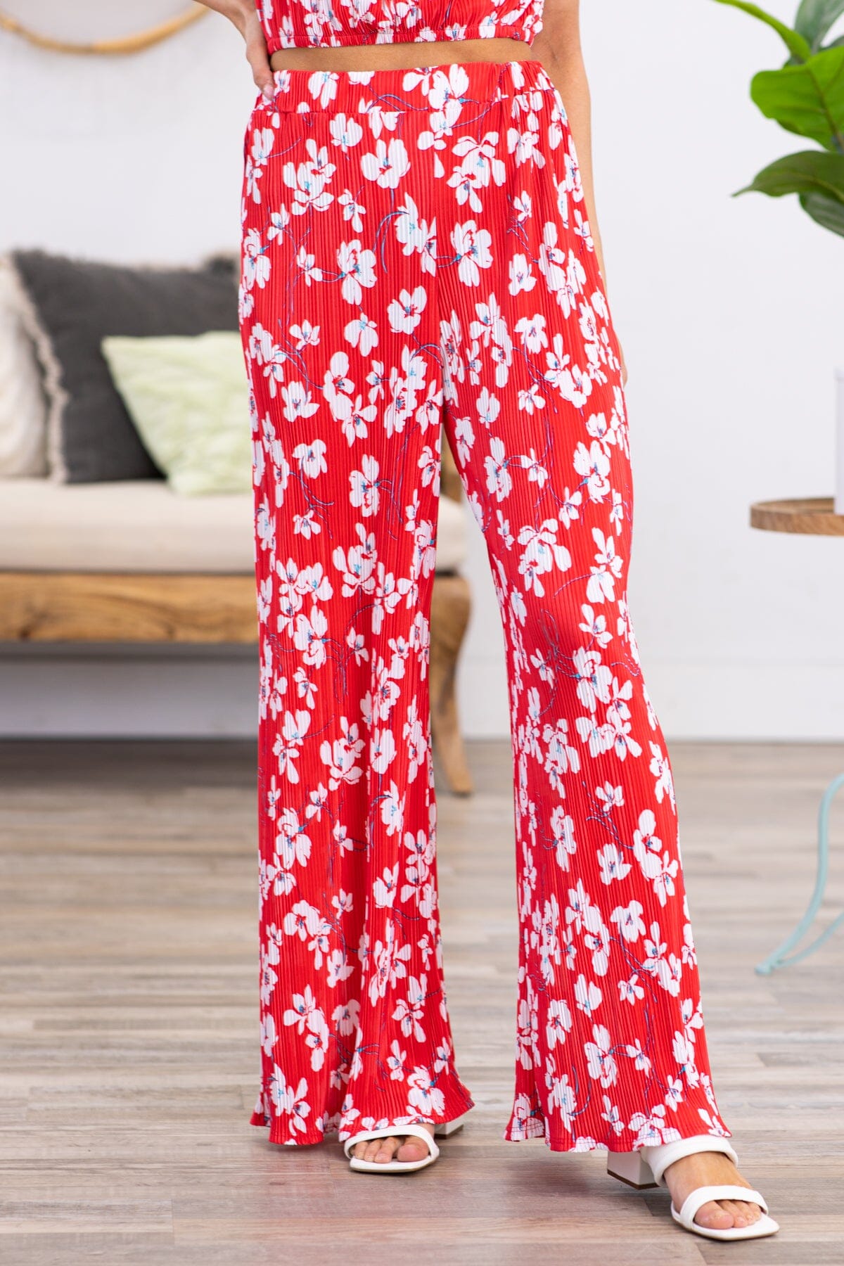 Red Crystal Pleat Floral Print Wide Leg Pants