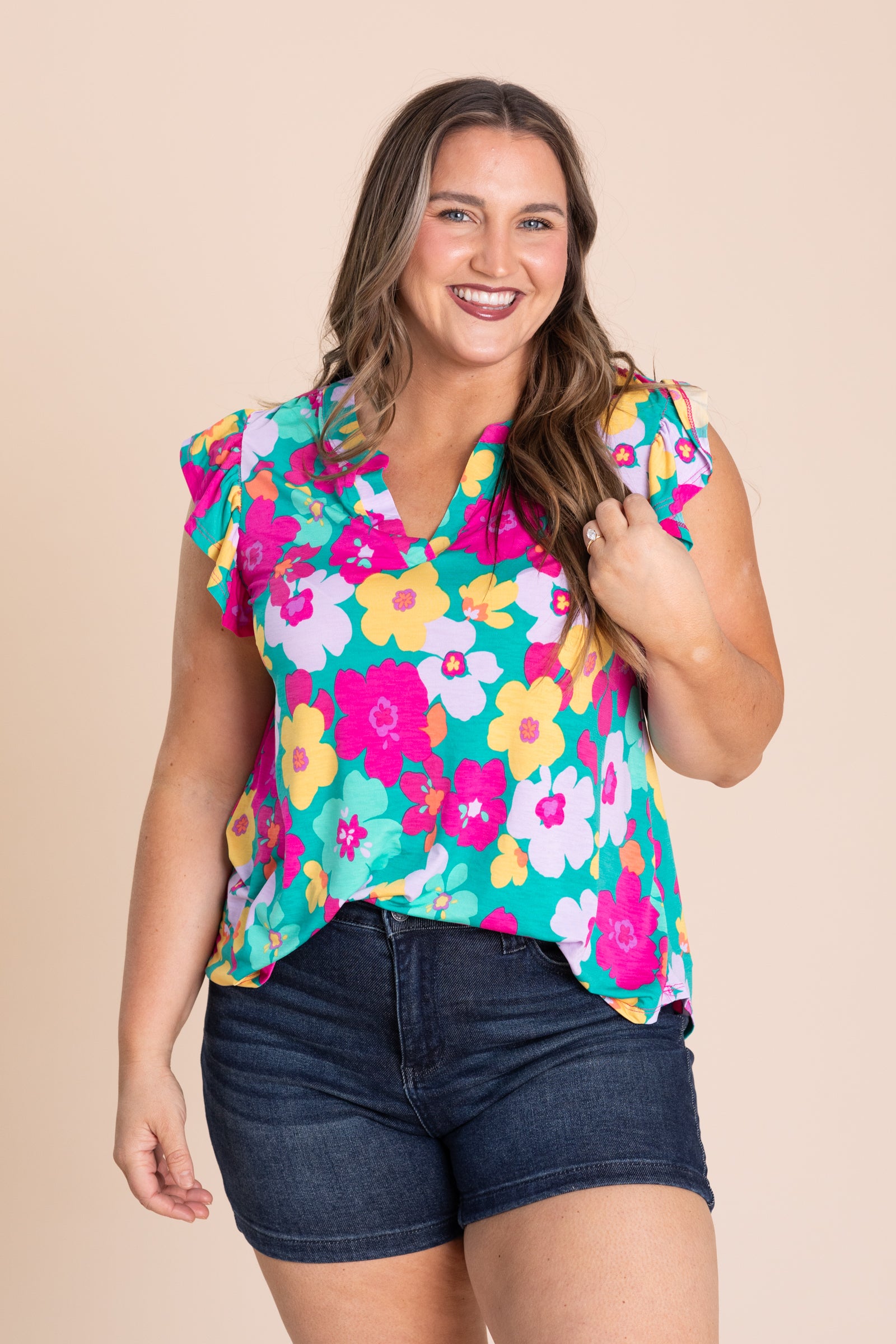 Jade Floral Ruffle Sleeve Wrinkle Free Top