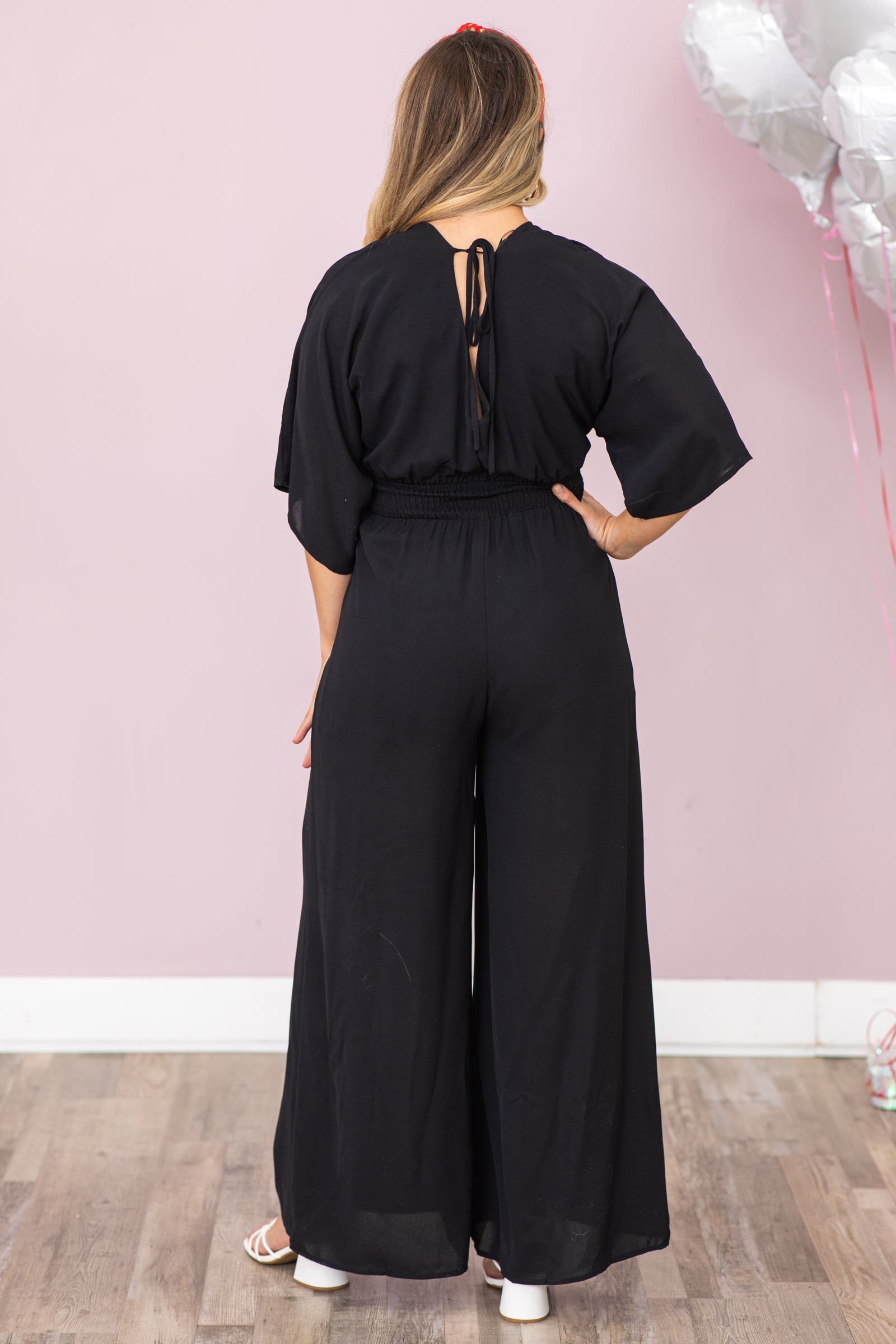 Black 3/4 Sleeve V-Neck Jumpsuit