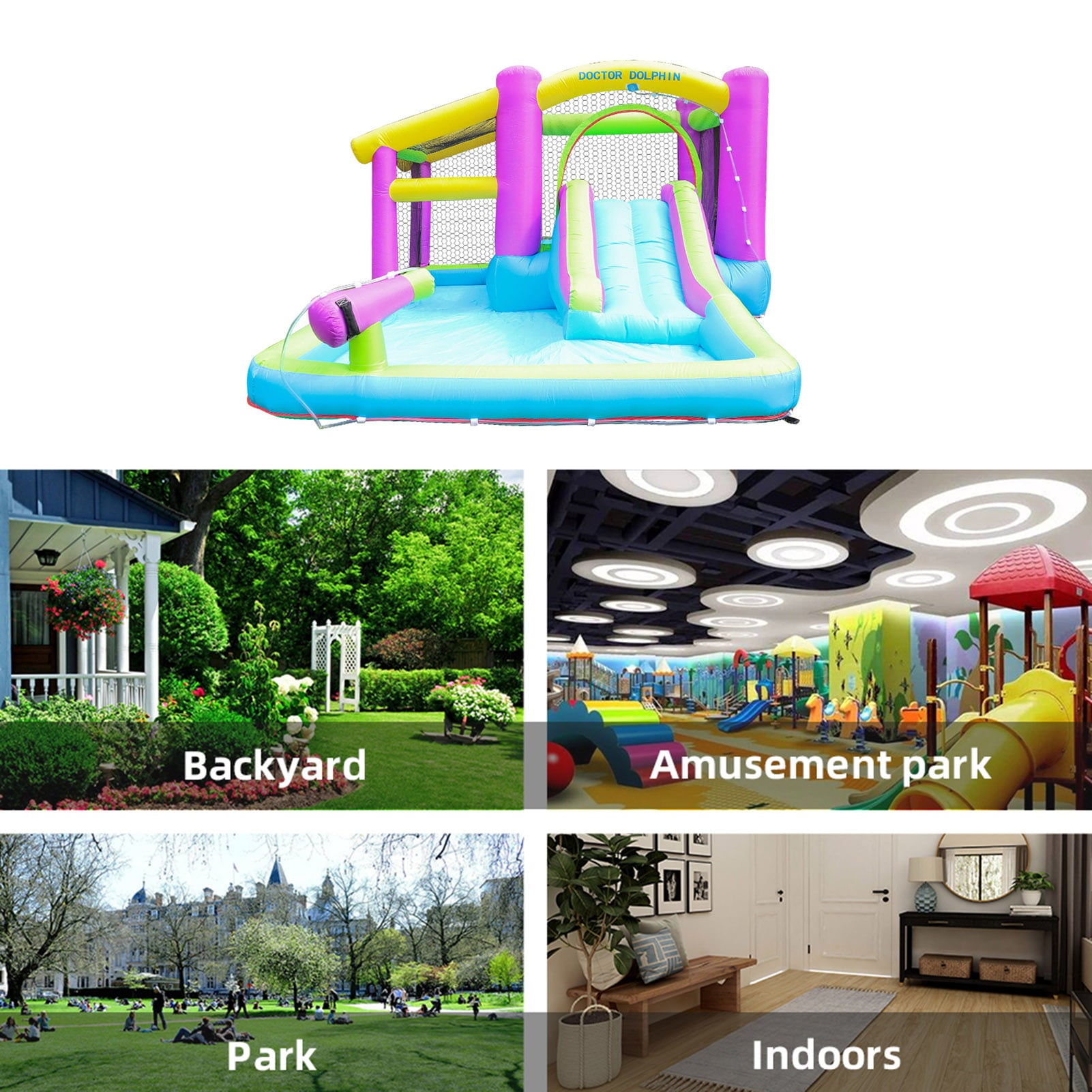 Doctor Dolphin Inflatable Bounce House with Water Slide Inflatable Water Park Jumping Castle with Blower Backyard Kids Party