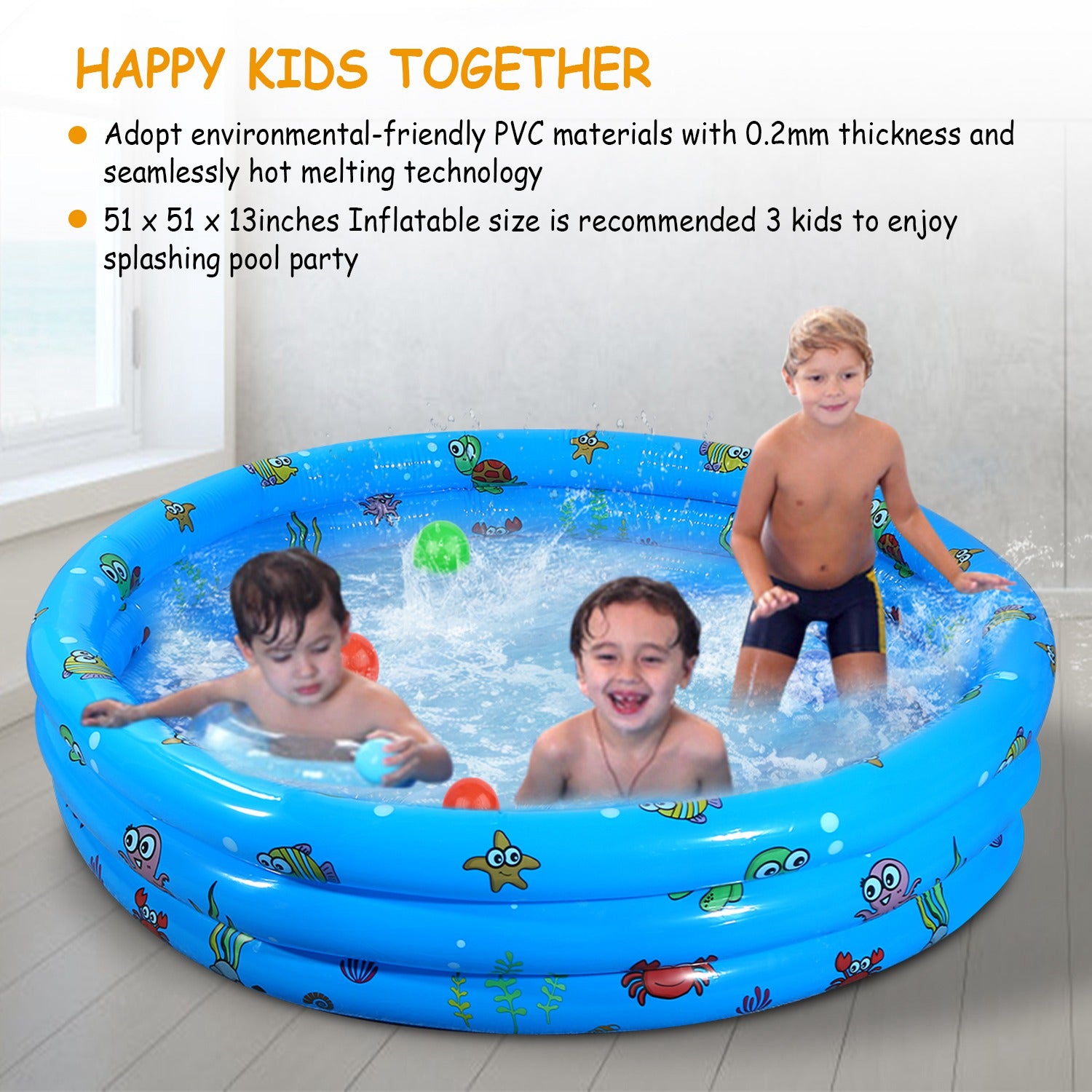 Kid Family Pool， 51x13” Inflatable Swimming Pool for 3 Kids with 4 Velvets Bottom Water Drain Plug