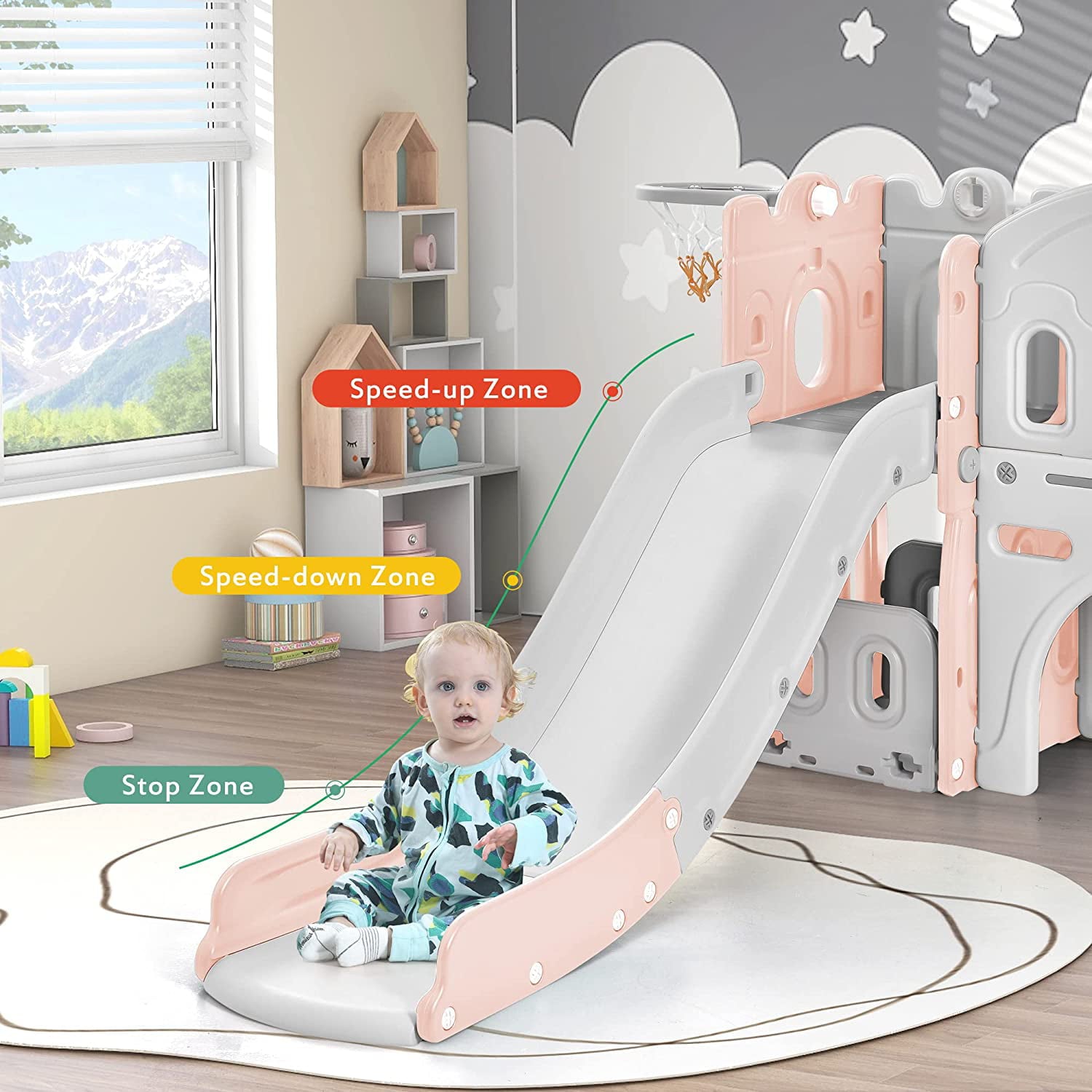 Track 7 Kids Slide 6-in-1，Kids Playground Slide with Climber，Basketball Hoop，Tunnel and Storage Space，Outdoor Indoor Slide Playset for Toddlers Age 1+，Pink