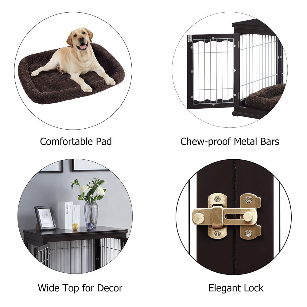 Unipaws Pet Crate Dog Bed End Table with Cushion， Wooden Wire Dog Kennels with Double Doors， Modern Design Dog House， Big Crate Indoor Use， Espresso