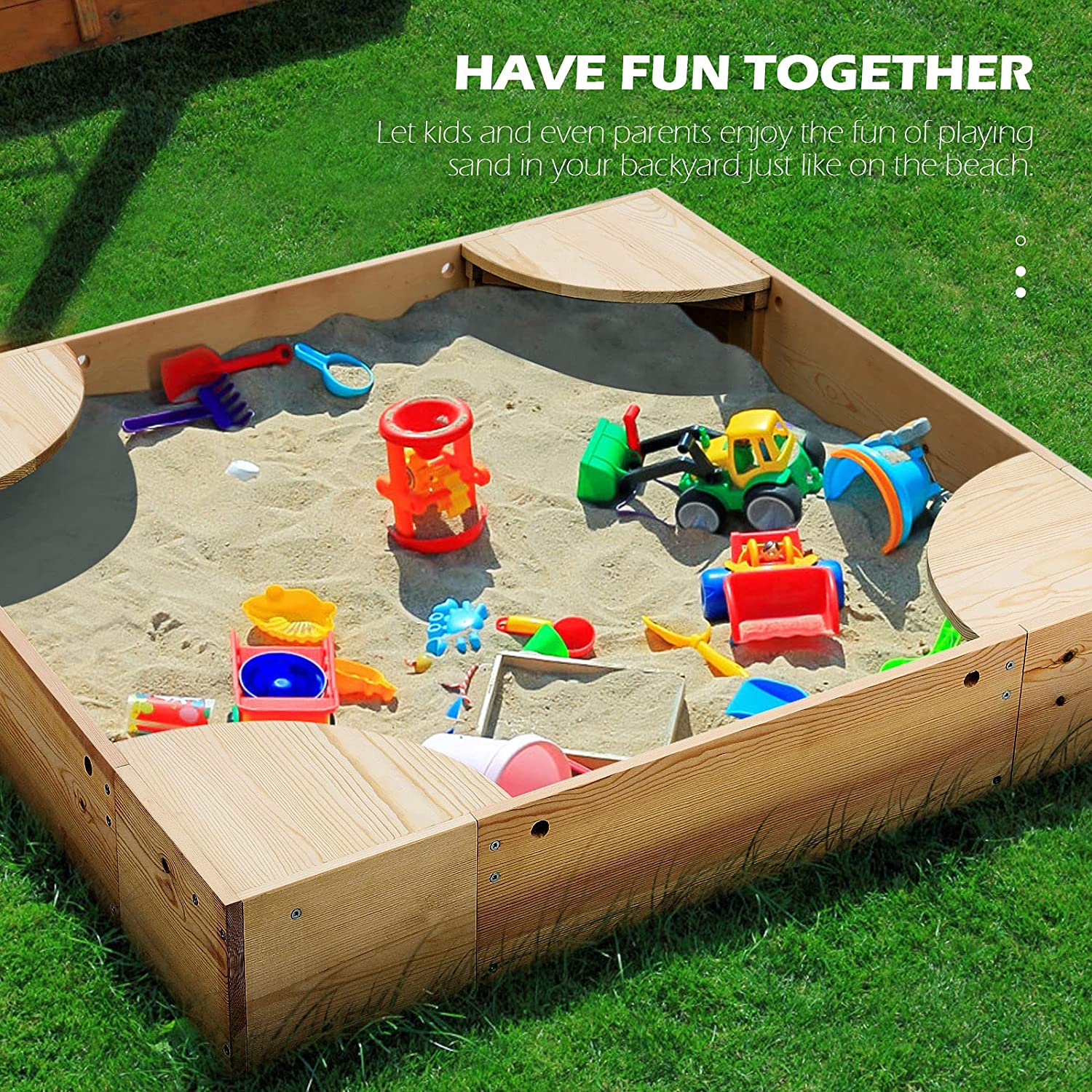 Arlopu Wooden Sandbox with Cover， Outdoor Kids Sandpit Box with 4 Built-in Corner Seats for Toddlers Age 2 to 8