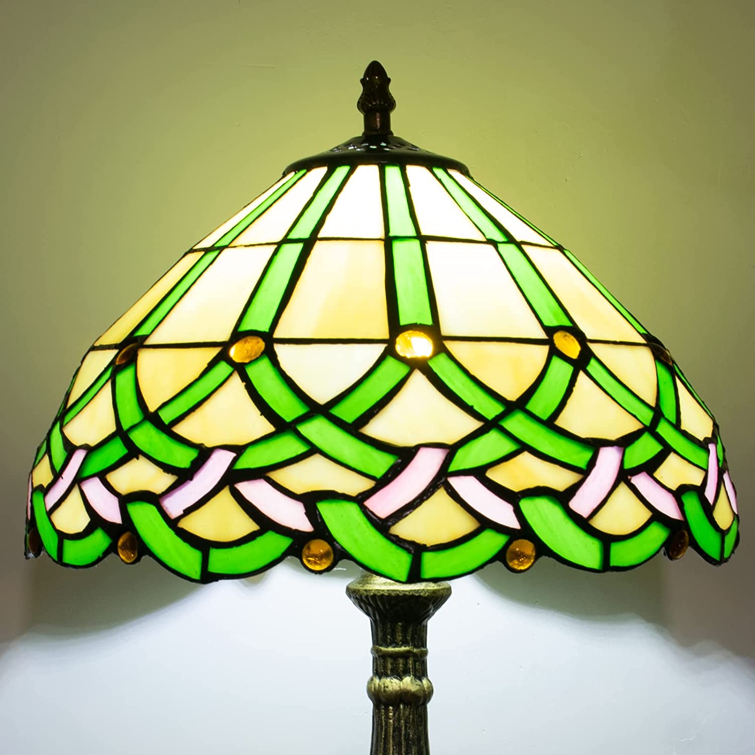 SHADY  Table Lamp Stained Glass Bedside Lamp Green Floral Desk Reading Light 18" Tall Vintage Antique Style Banker Lamp Room Bedroom Living Study Coffee Bar Office LED Bulb Inc