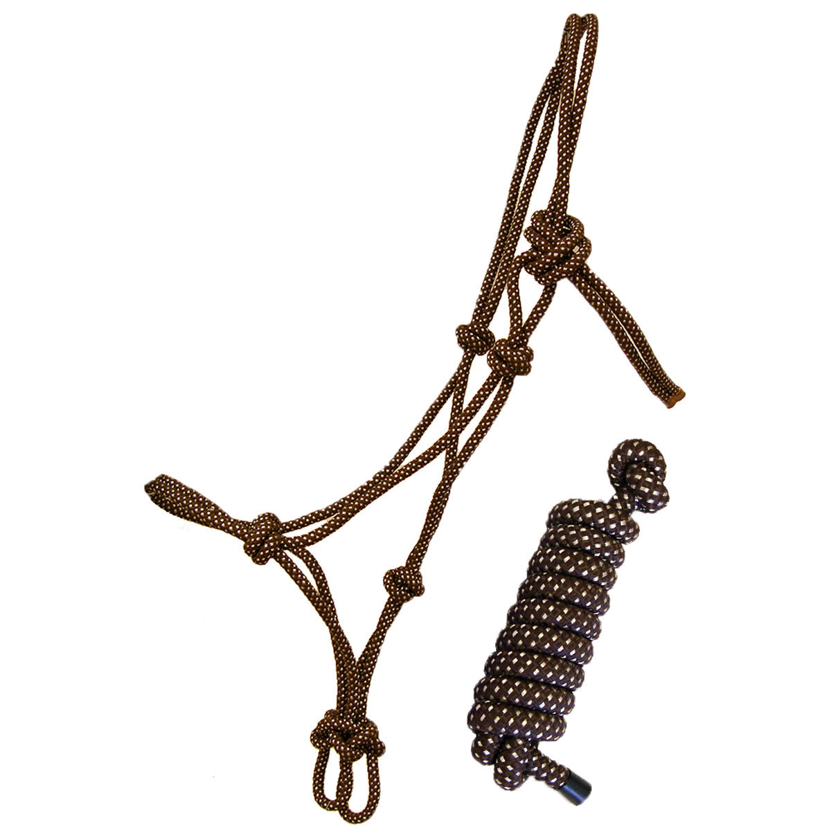 HALTER ROPE AND LEAD BROWN/SILVER W/ROPE NOSE
