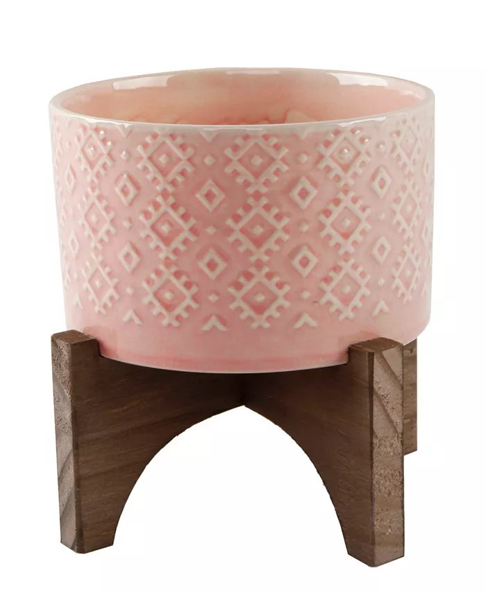 Flora Bunda India Ceramic Planter on Wood Stand， 6.25