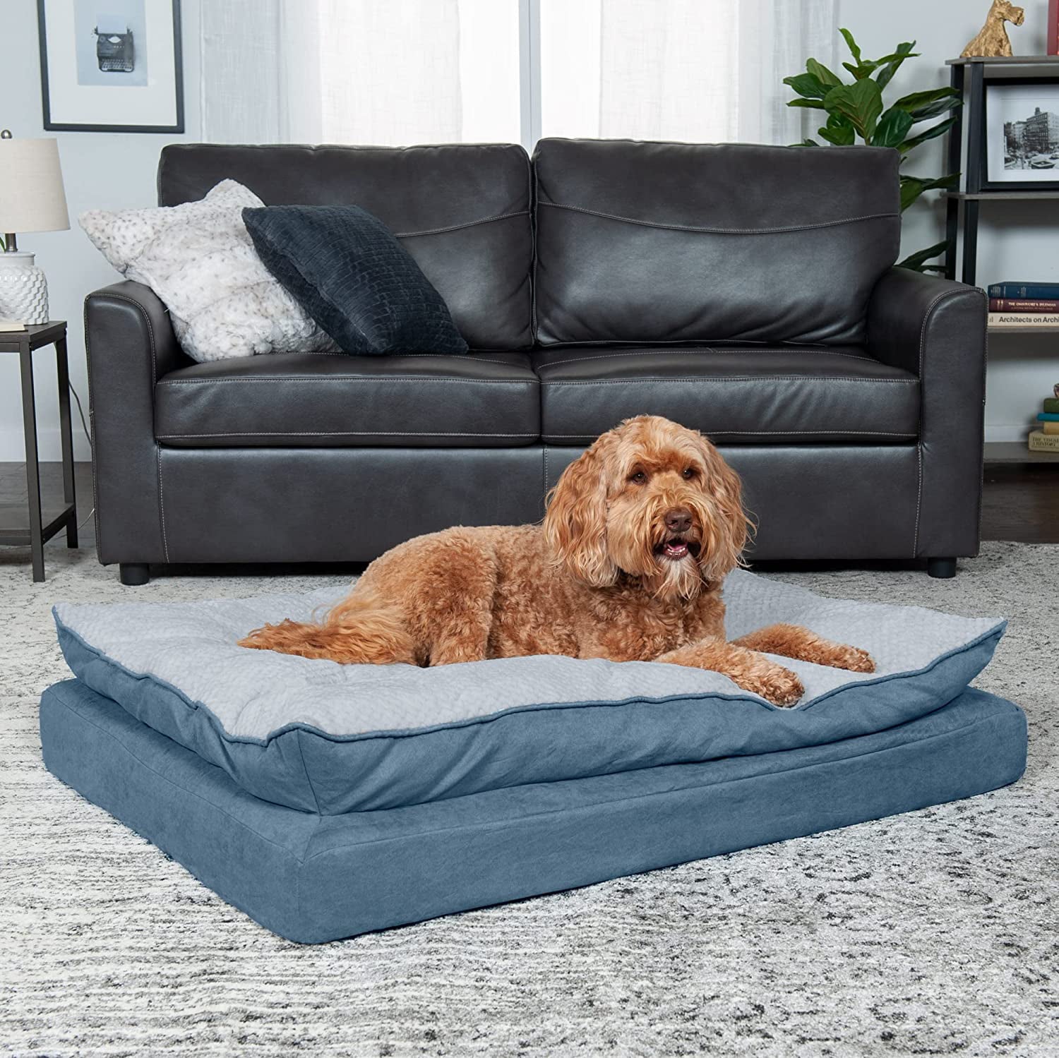 Furhaven Large Orthopedic Dog Bed Minky Plush and Suede Pillow Top Mattress w/ Removable Washable Cover - Stonewash Blue， Large Pillow Top - Minky Plush and Suede (Stonewash Blue) Large Orthopedic Foam