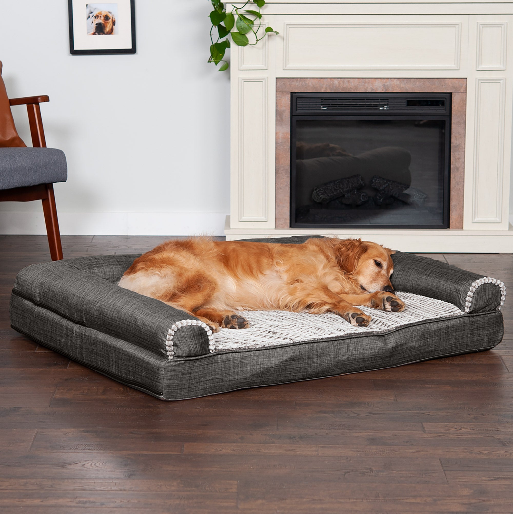 FurHaven | Orthopedic Luxe Fur and Performance Linen Sofa Pet Bed for Dogs and Cats， Charcoal， Jumbo