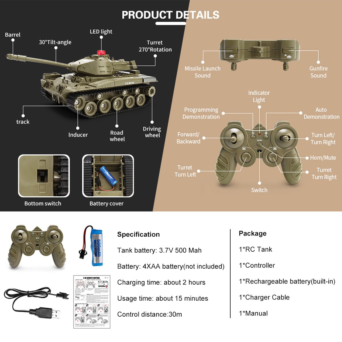 JJRC RC Tank 1/30 Remote Control Battle Tank Military Tank Shoots with Light and Sound Car Toy for Kids Boy Gifts