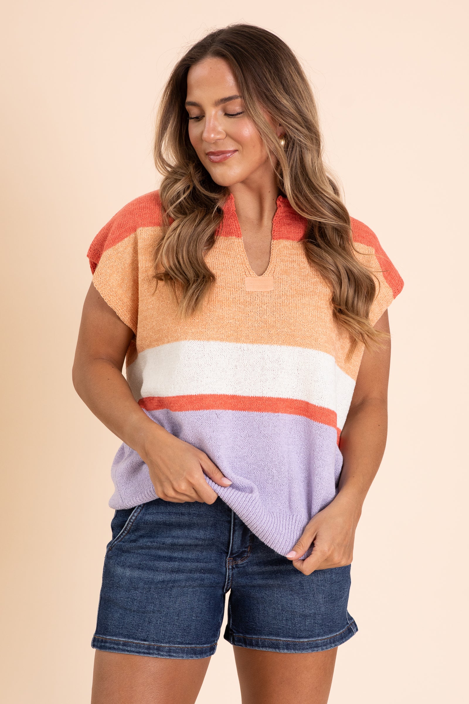 Coral Colorblock Drop Shoulder Sweater Top
