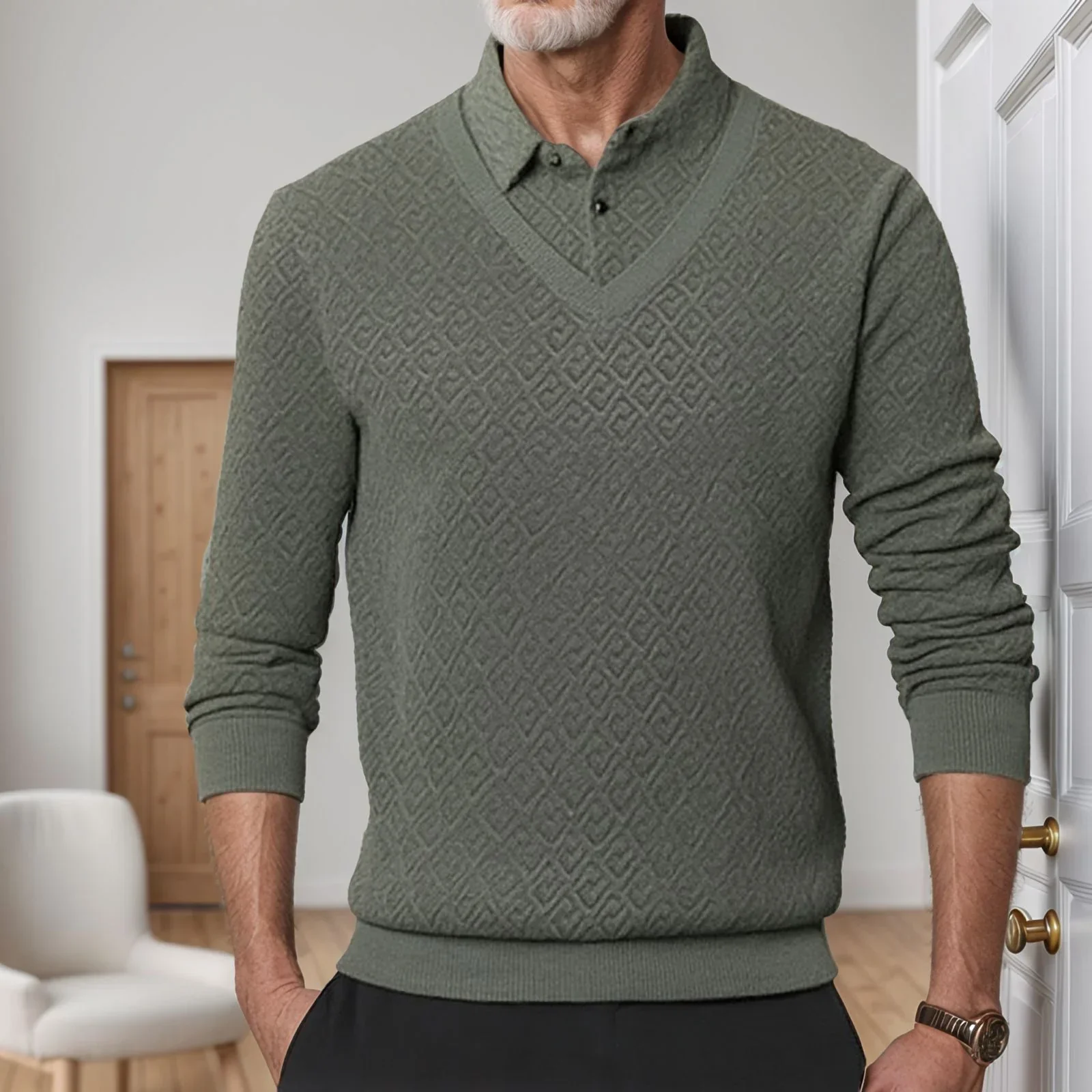 Camisa Winston™ com Suéter Embutido e Textura Trançada / Efeito Sobreposto com Estilo e Refinamento em Uma Só Peça!