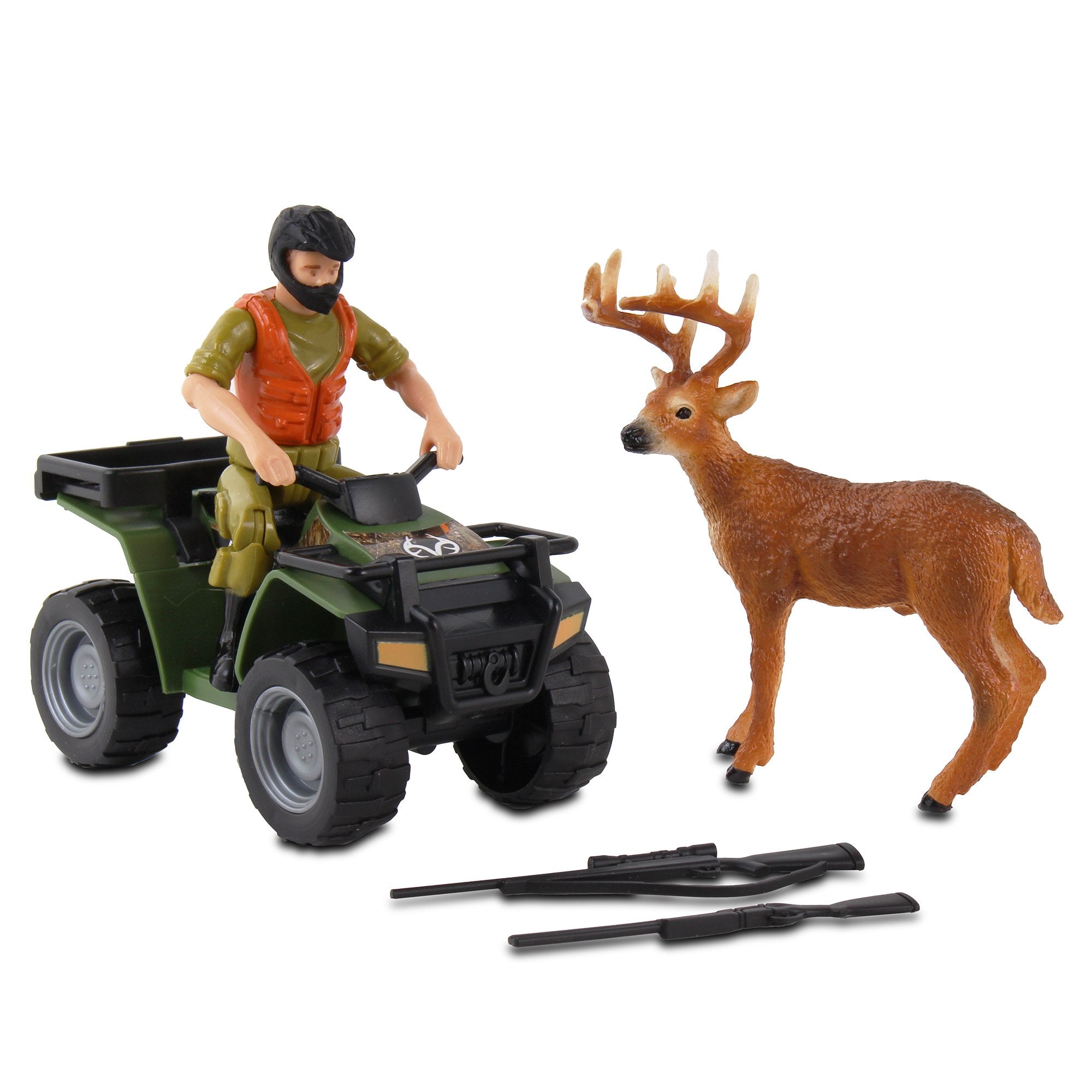 RealTree: Hunting Playset - 6 Piece 1:18 Scale W/ Freewheel Vehicle， ATV Buck Hunting Set ， Ages 3+