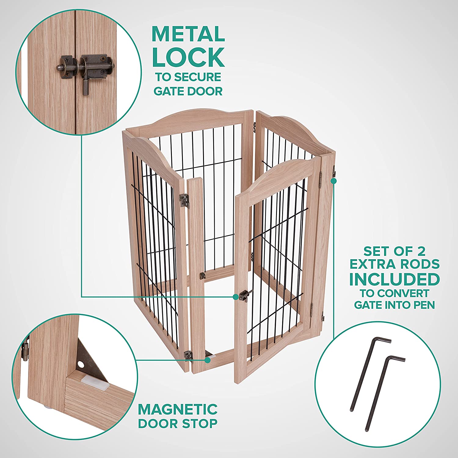 Arf Pets Freestanding Dog Gate， 4 Panel 360° Configurable Pet Wooden Fence
