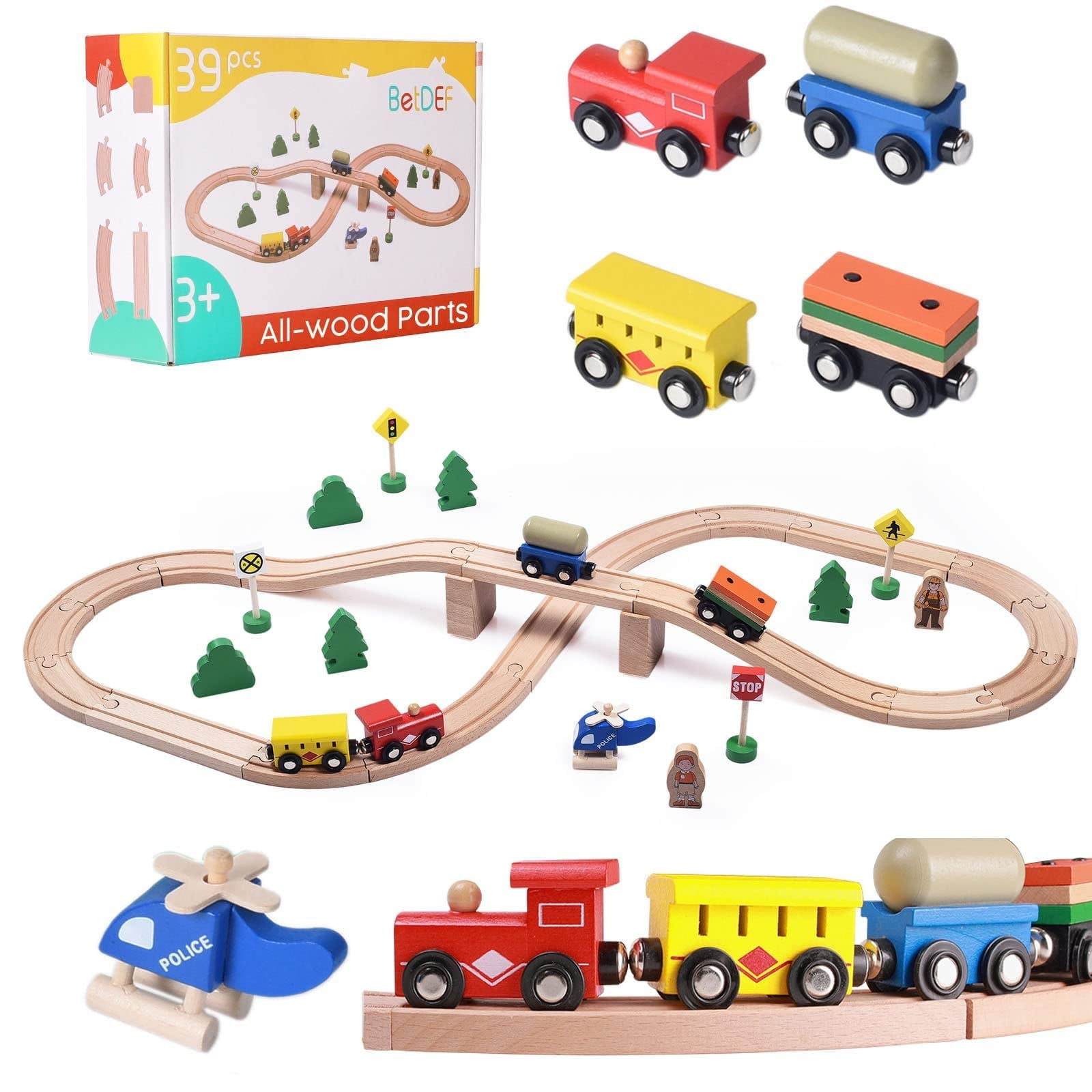 BetDEF Wooden Train Set，39 Pcs-with All-Wood Train Tracks with Double Sided Wooden Tracks and Color Box for 3+ Year Old Boys and Girls Toddler-Fits Thomas Brio Melissa and Doug…