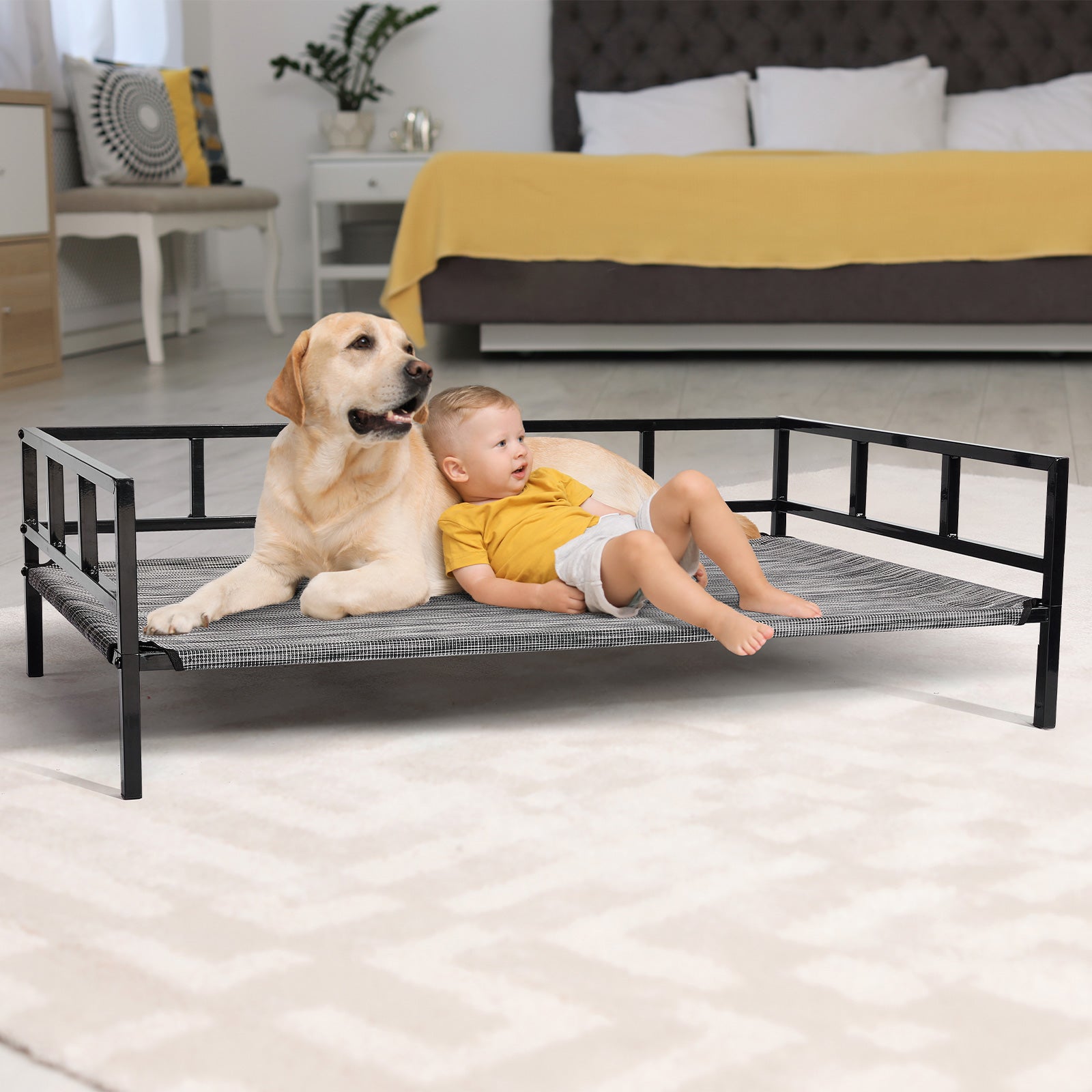 Veehoo Metal Elevated Dog Bed， Cooling Raised Pet Cot with Washable Mesh， Large， Black Silver