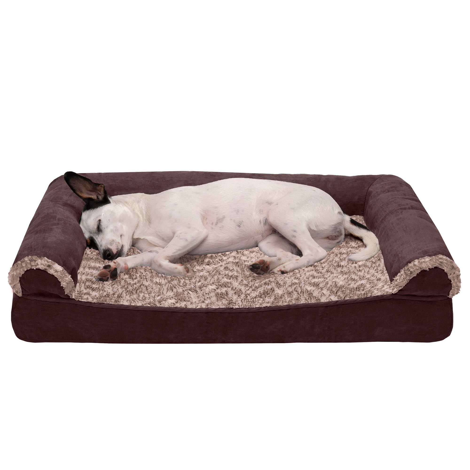 FurHaven Pet Products | Cooling Gel Memory Foam Orthopedic Two-Tone Faux Fur and Suede Sofa-Style Couch Pet Bed for Dogs and Cats， Espresso， Medium