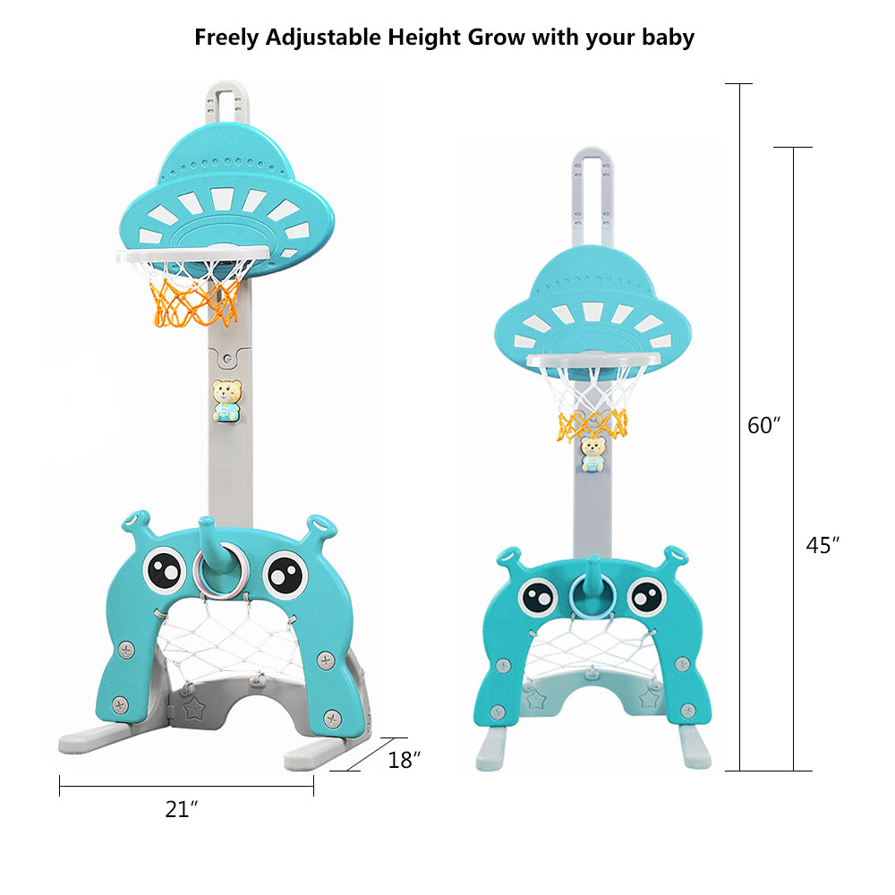 Kids Basketball Hoop 5 in 1 Toddlers Grow with Me Sports Activity Center Football Soccer Goal Golf Game Ring Toss Set for Indoor Outdoor， 3.8 to 5 Feet Height Adjustable， Green