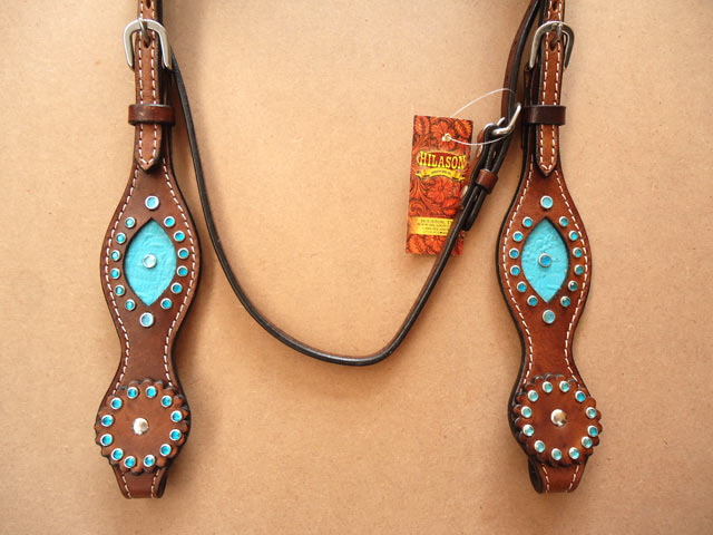 29BH Hilason Western Leather Horse Headstall Turquoise Crocodile Brown