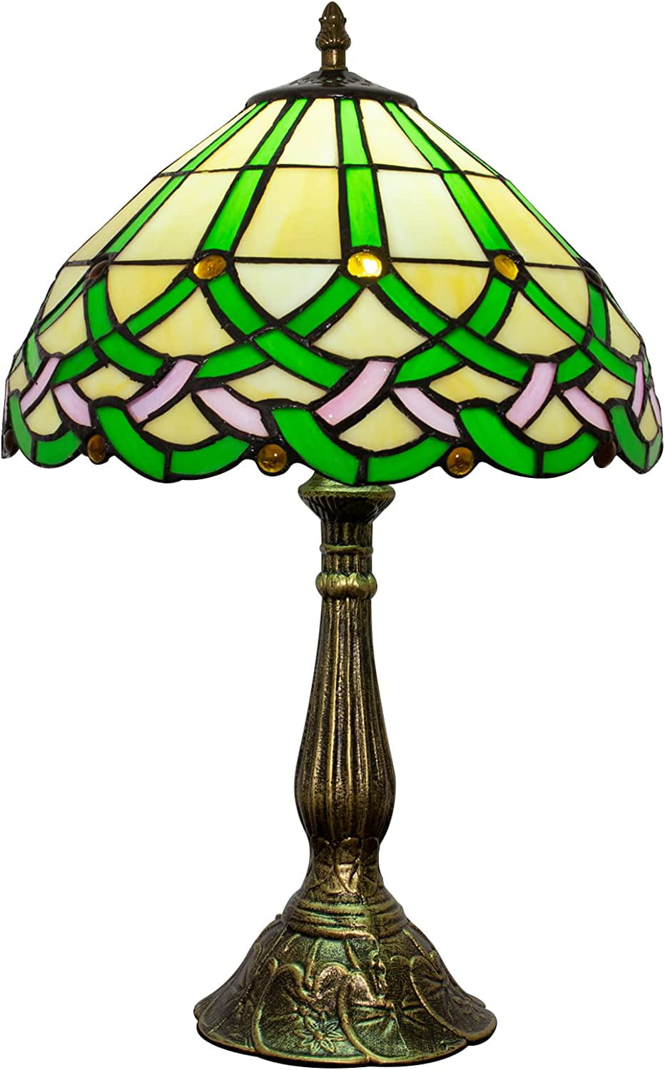 SHADY  Table Lamp Stained Glass Bedside Lamp Green Floral Desk Reading Light 18" Tall Vintage Antique Style Banker Lamp Room Bedroom Living Study Coffee Bar Office LED Bulb Inc