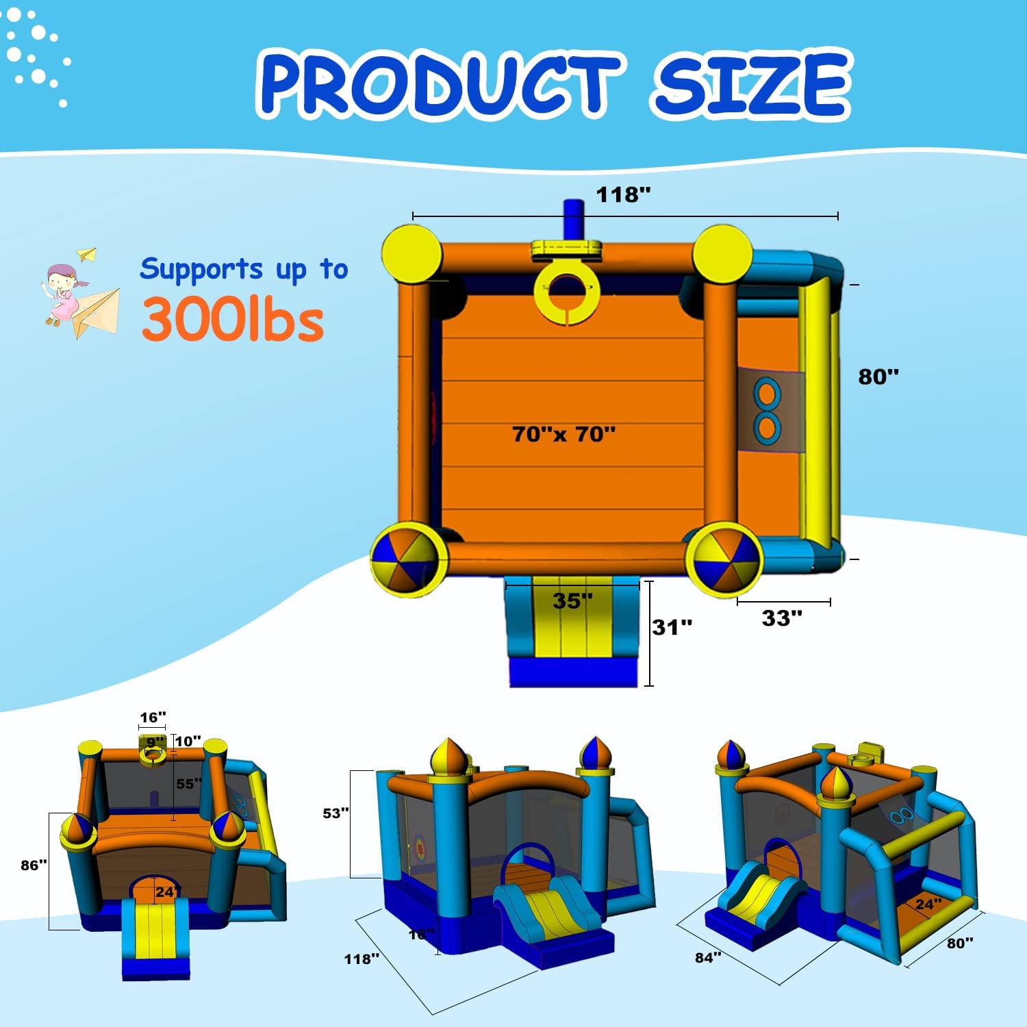 116''x 117'' Toddler Inflatable Bounce House Kids Jumping Bouncer Slide Large Jump Play Area with Blower