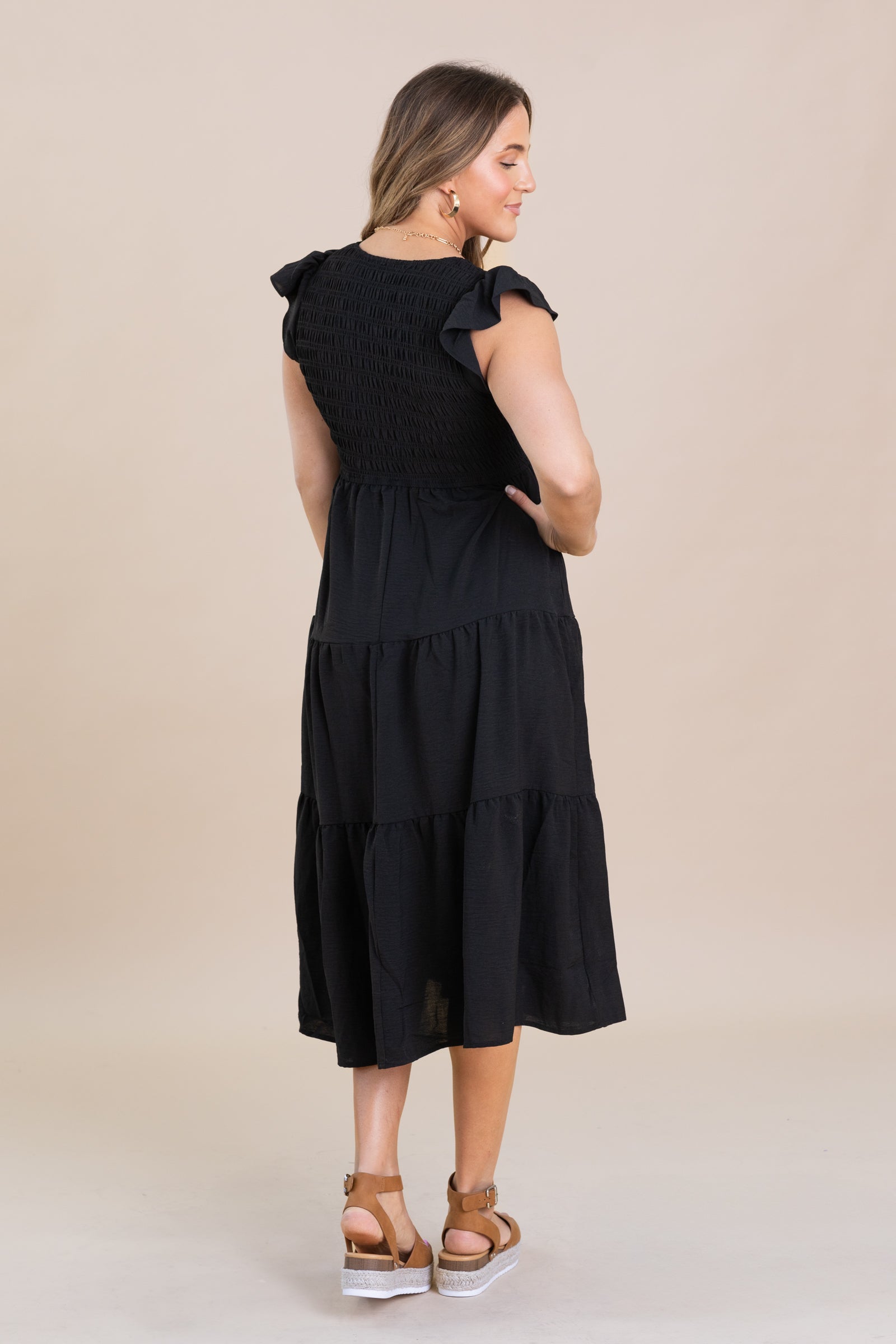 Black Flutter Sleeve Midi Dress