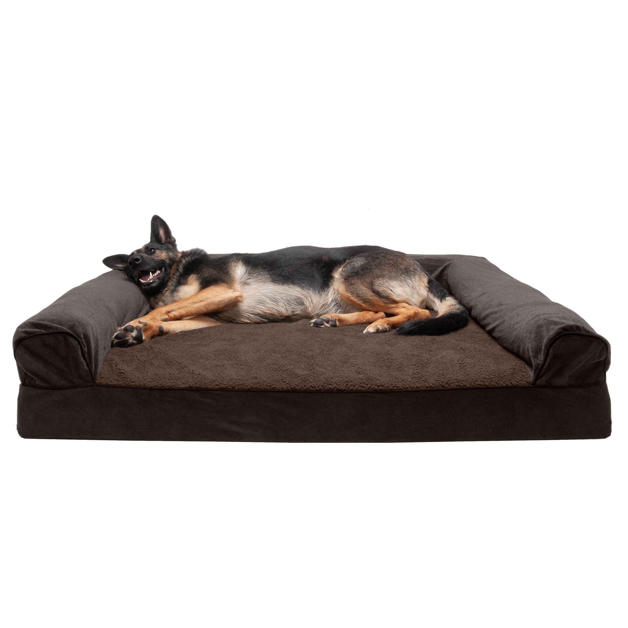 FurHaven | Cooling Gel Faux Fleece and Chenille Sofa Pet Bed for Dogs and Cats， Coffee， Jumbo Plus