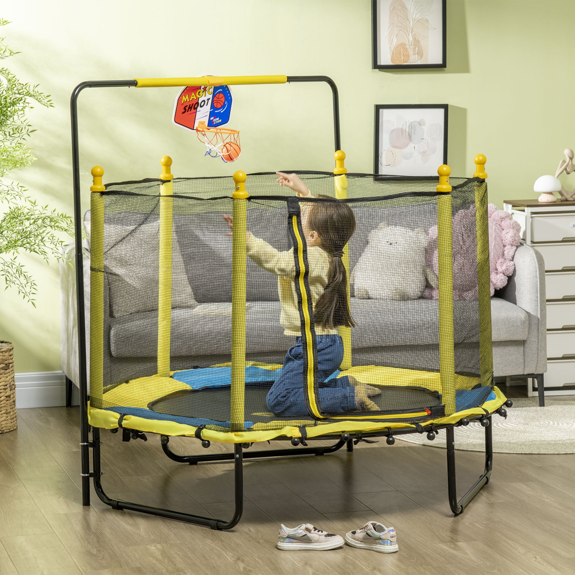 Qaba 4.6' Kids Trampoline with Basketball Hoop， Horizontal Bar， 55