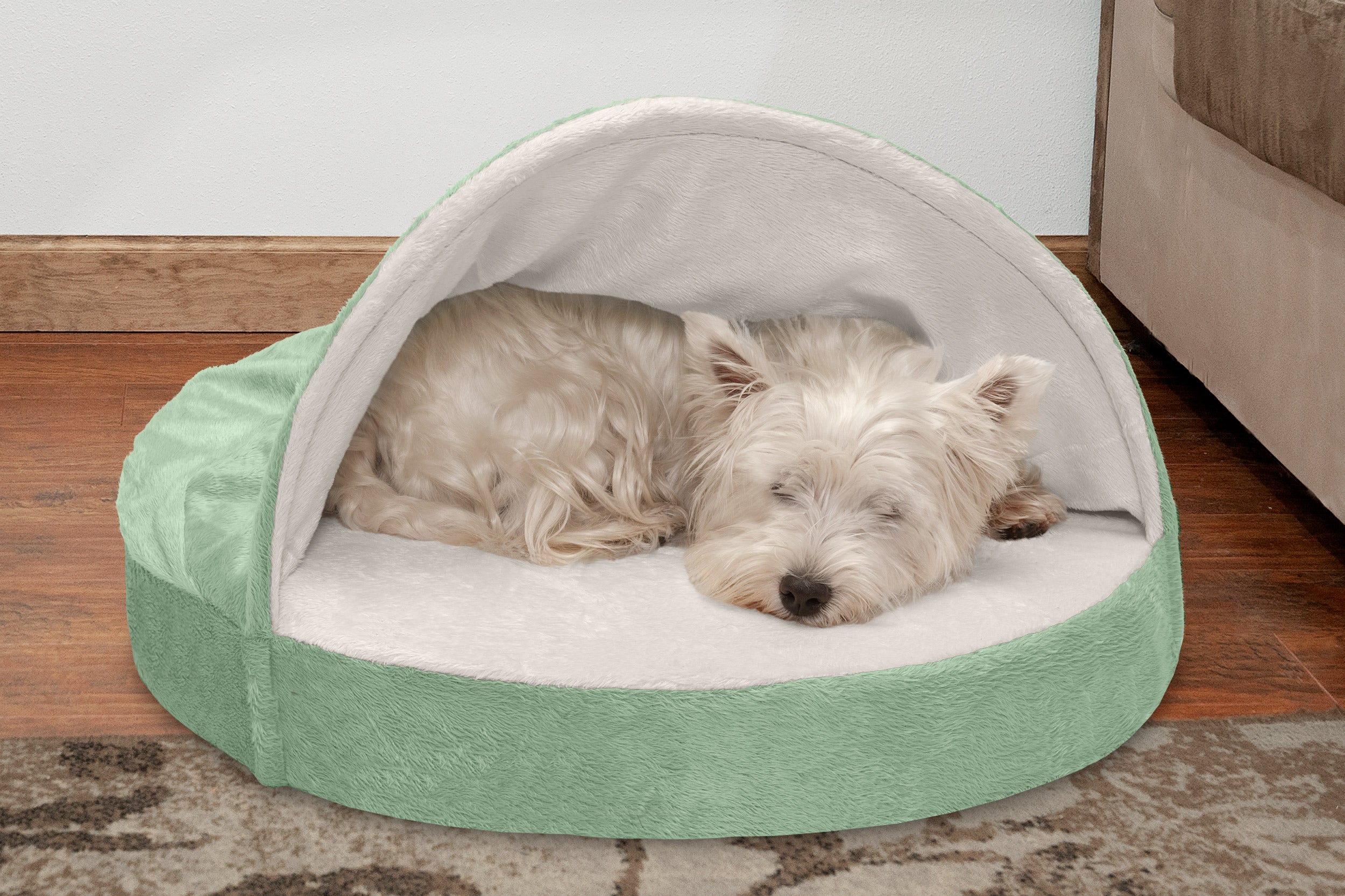 FurHaven | Cooling Gel Microvelvet Snuggery Pet Bed for Dogs and Cats， Sage， 26-Inch