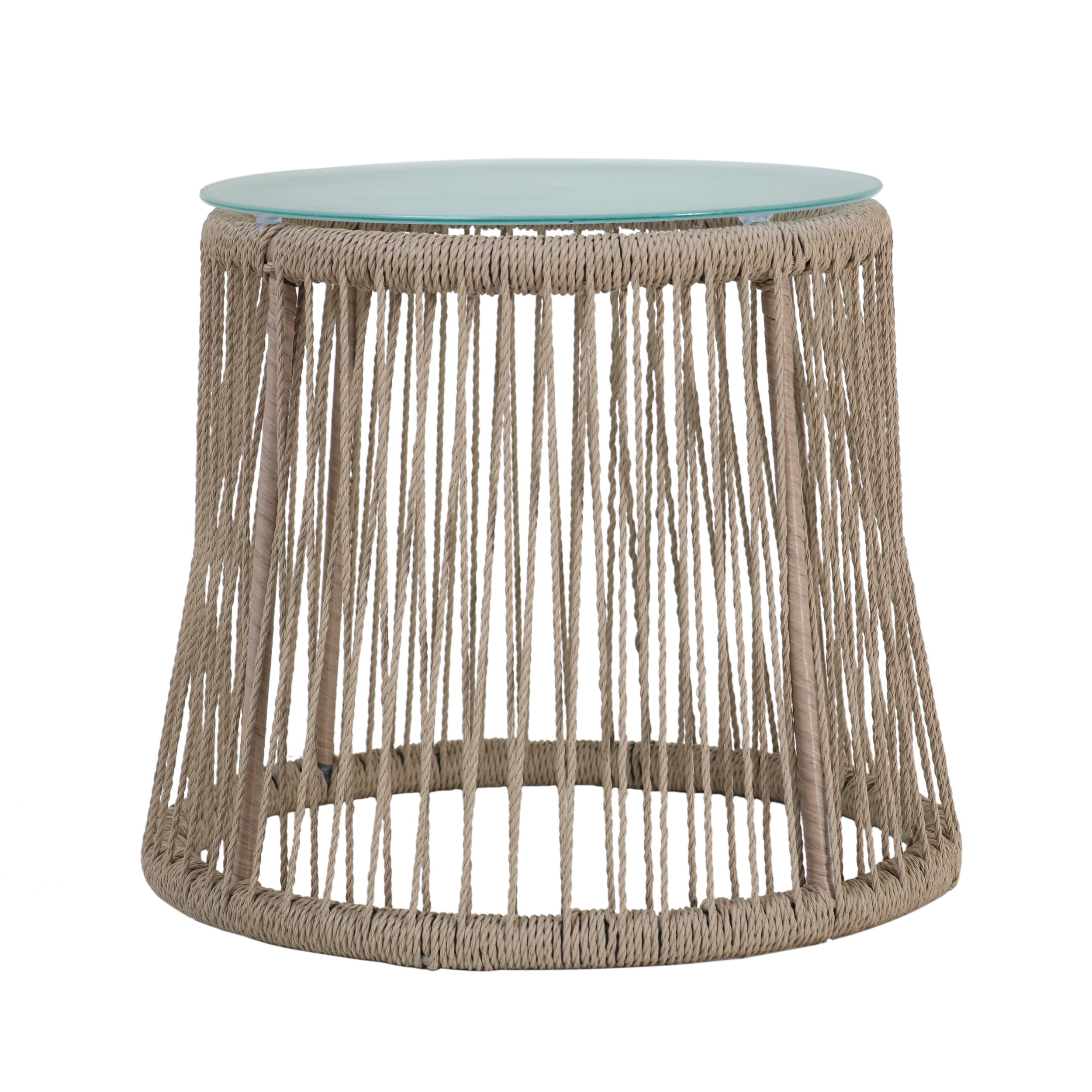 Karen Outdoor Side Table, Steel and Rope, Tempered Glass Table Top, Boho