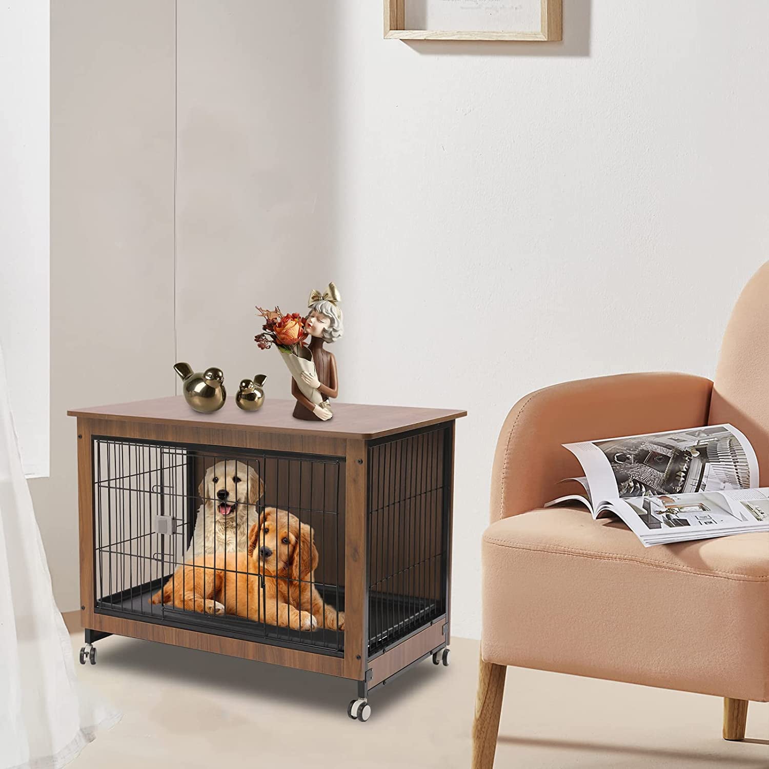 Miumaeov Dog Crate With A Spacious Top， Brown Furniture-style Crates with Wheels， Indoor Dog Kennel， Metal Dog House， Dog Cage with Tray， 38.6 * 25.2 * 30.1in