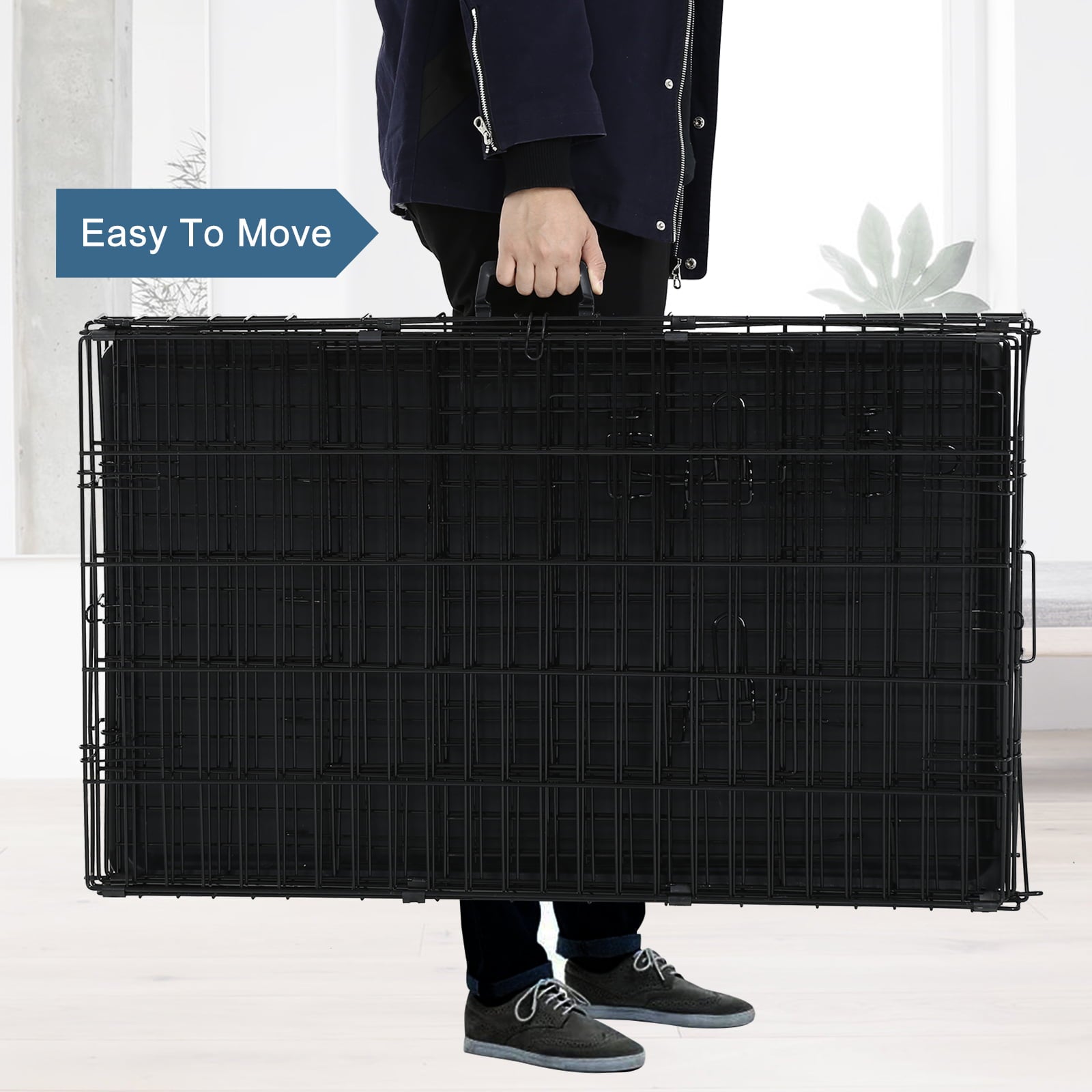 YRLLENSDAN 48 inch Foldable Large Dog Crate for Large Dogs， Metal Wire Dog Cage with Plastic Tray and Handle Double-Door Outdoor Dog Crates and Kennels for Medium dogs