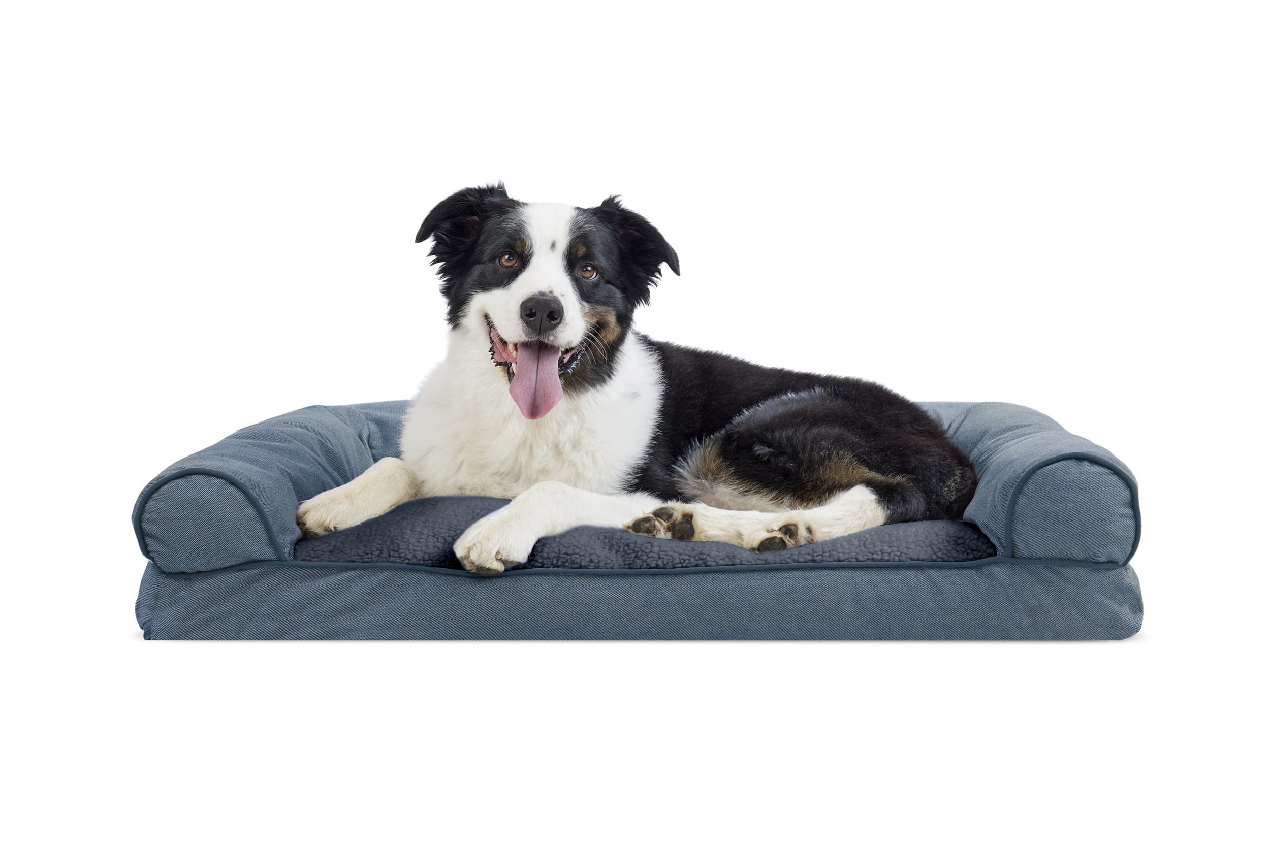 FurHaven | Faux Fleece and Chenille Soft Woven Pillow Sofa Pet Bed for Dogs and Cats， Orion Blue， Large