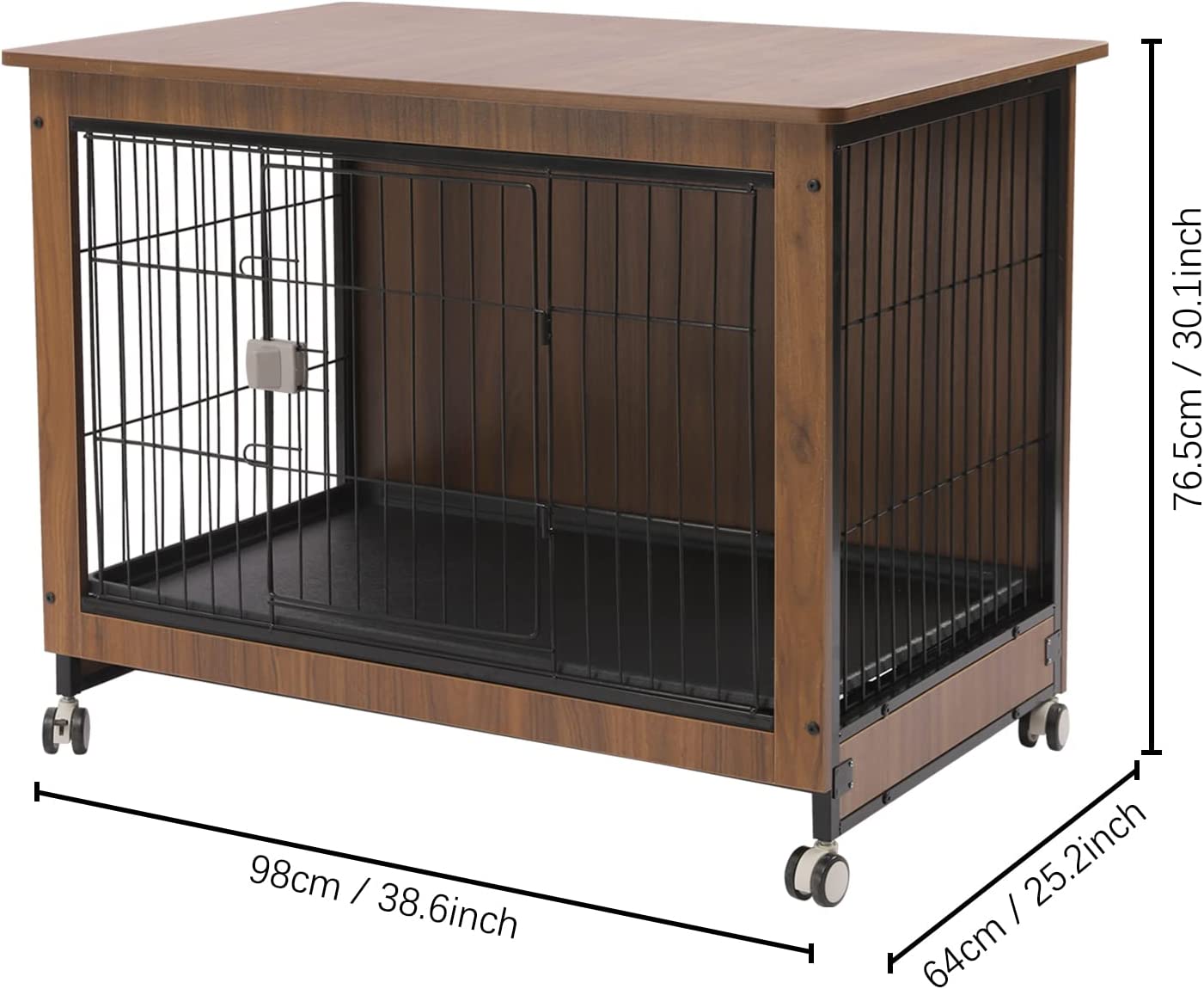 Miumaeov Dog Crate With A Spacious Top， Brown Furniture-style Crates with Wheels， Indoor Dog Kennel， Metal Dog House， Dog Cage with Tray， 38.6 * 25.2 * 30.1in
