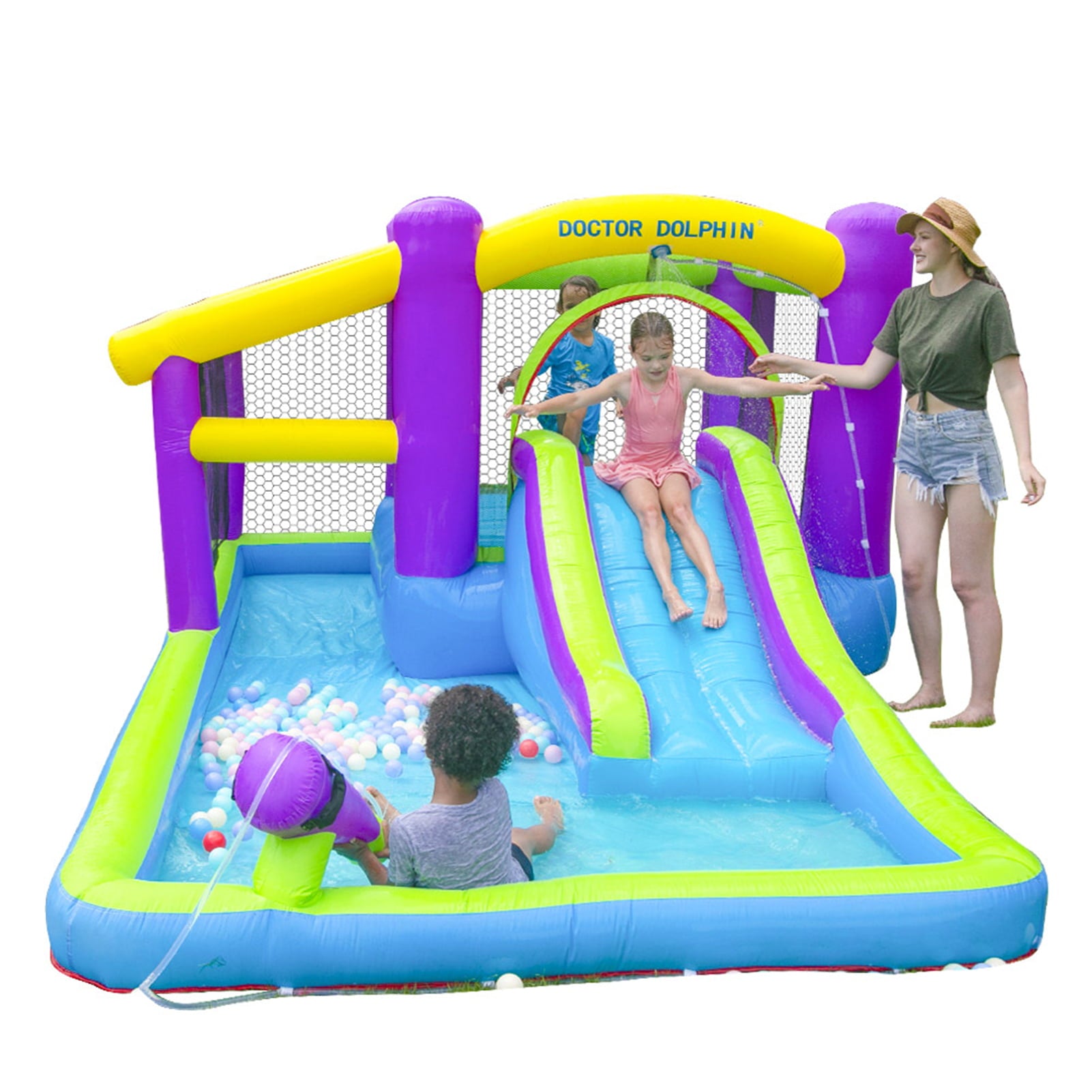 Doctor Dolphin Inflatable Bounce House with Water Slide Inflatable Water Park Jumping Castle with Blower Backyard Kids Party