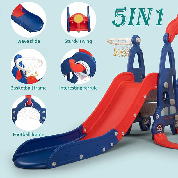 MOCA 5 in 1 Kids Slide for Toddlers Age 1-3 Slide and Swing Set for Children Baby Indoor Outdoor， Playsets Playground Sets for Backyards Plastic(Blue)