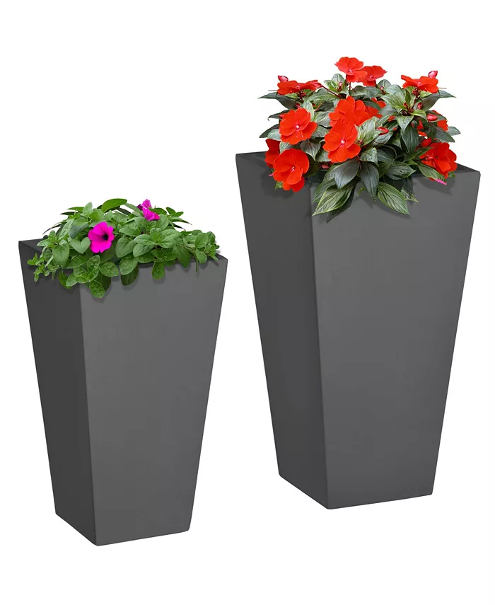 Outsunny 2-Pack Outdoor Planter Set， MgO Flower Pots with Drainage Holes， Durable Stackable， for Entryway， Patio， Yard， Garden， Gray