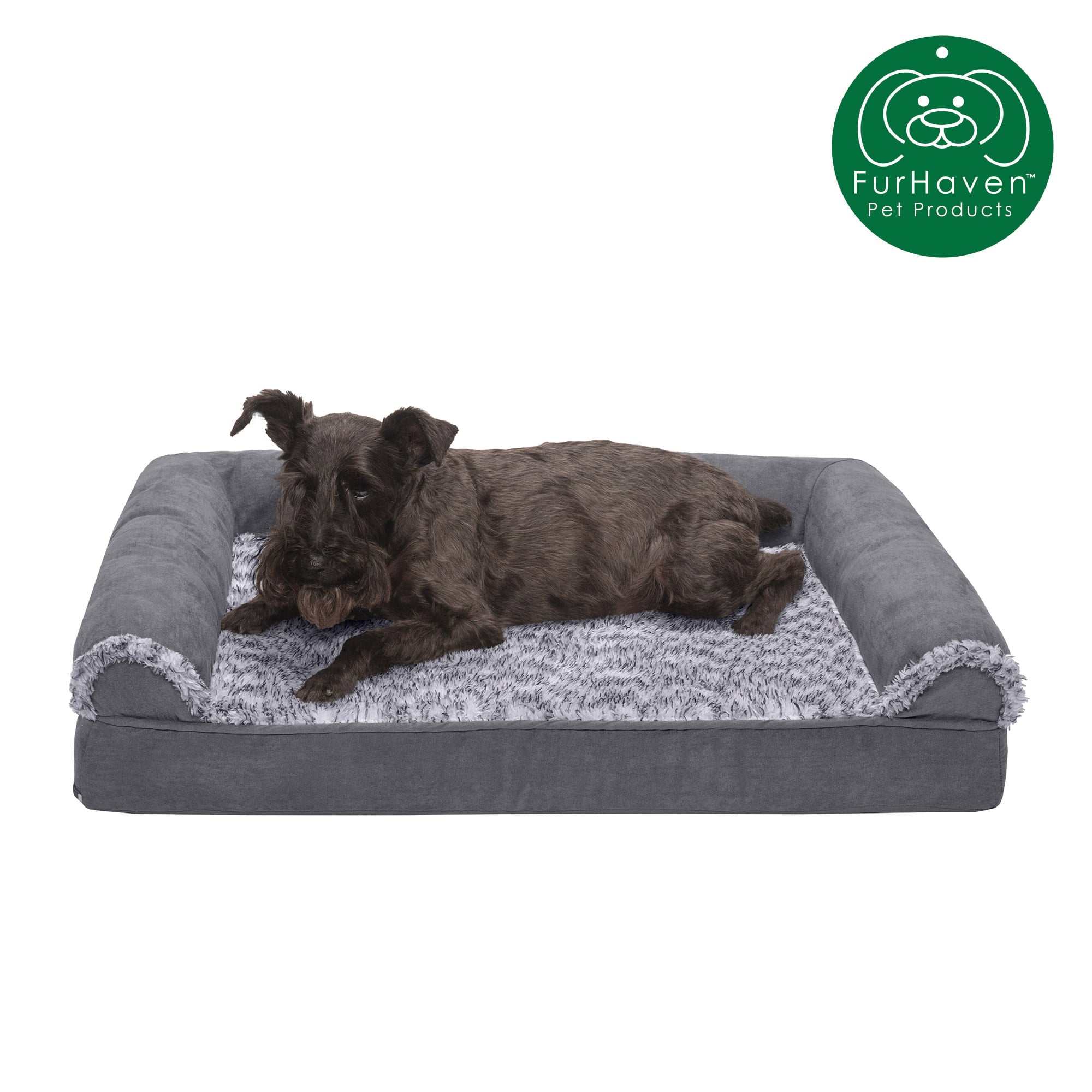 FurHaven Pet Dog Bed | Orthopedic Two-Tone Faux Fur and Suede Sofa-Style Couch Pet Bed for Dogs and Cats， Stone Gray， Medium