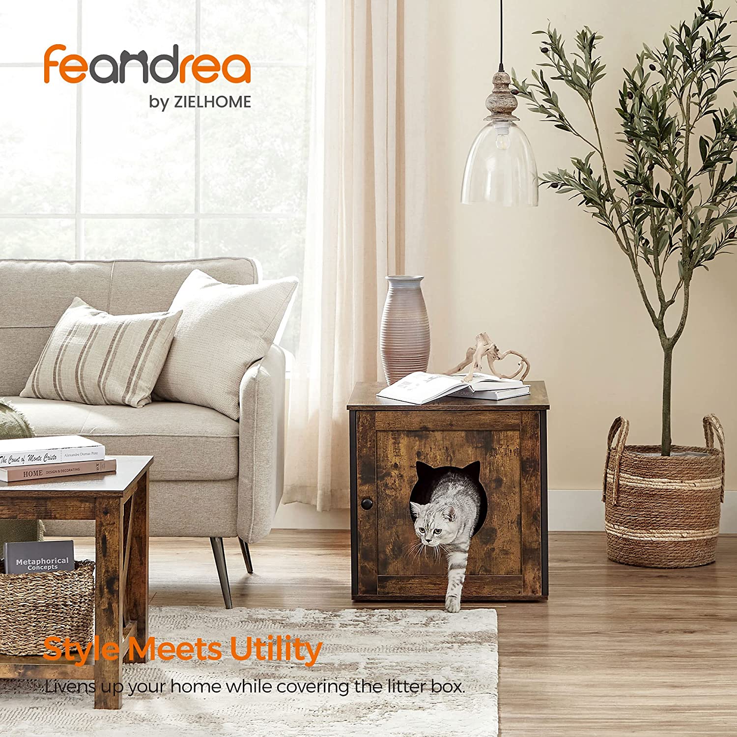 FEANDREA Cat Litter Box Furniture， Rustic Brown and Black