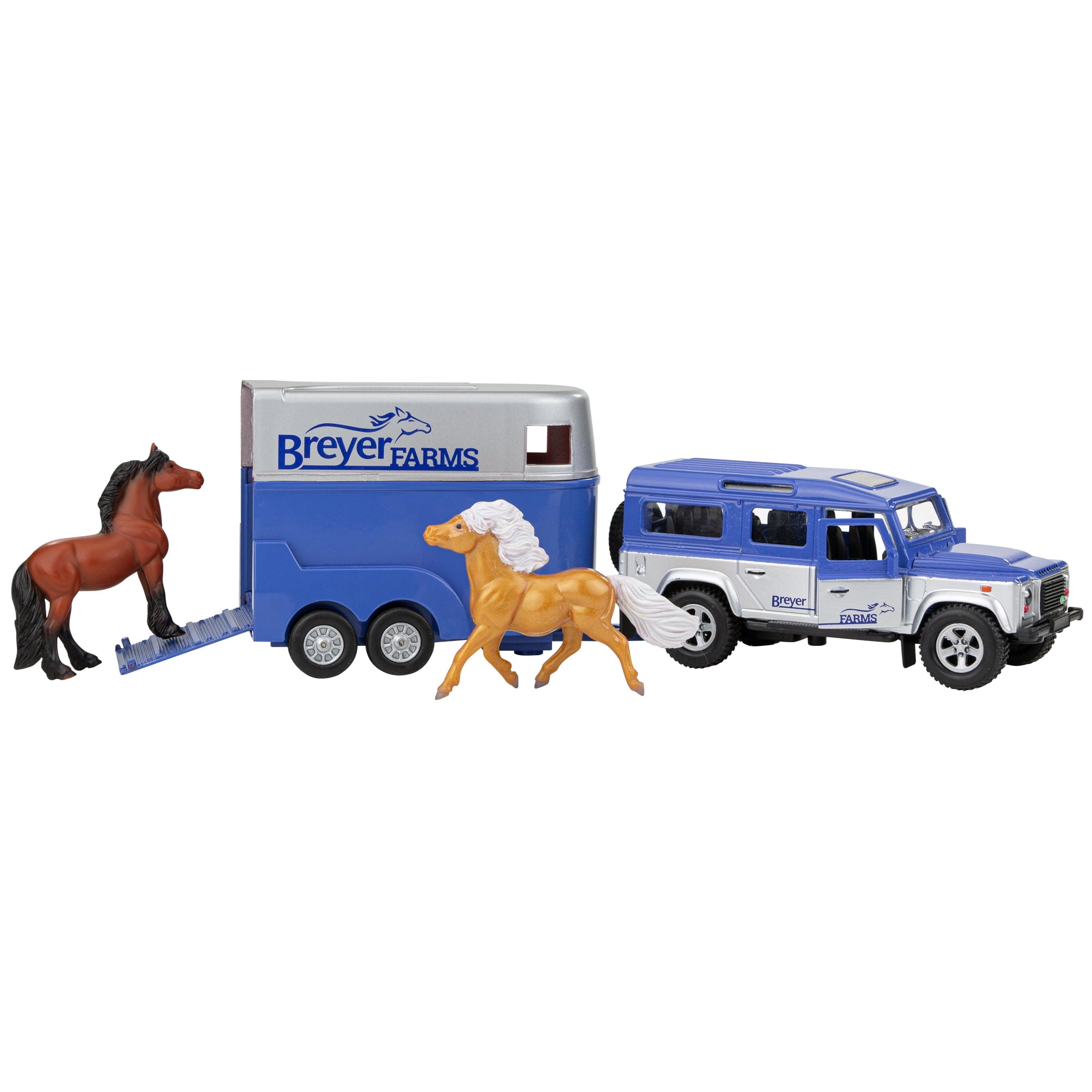 Breyer Farms 1:32 Scale Land Rover and Tag-a-Long Trailer with 2 Stablemates Horses Action Figure Set， 4 Pieces